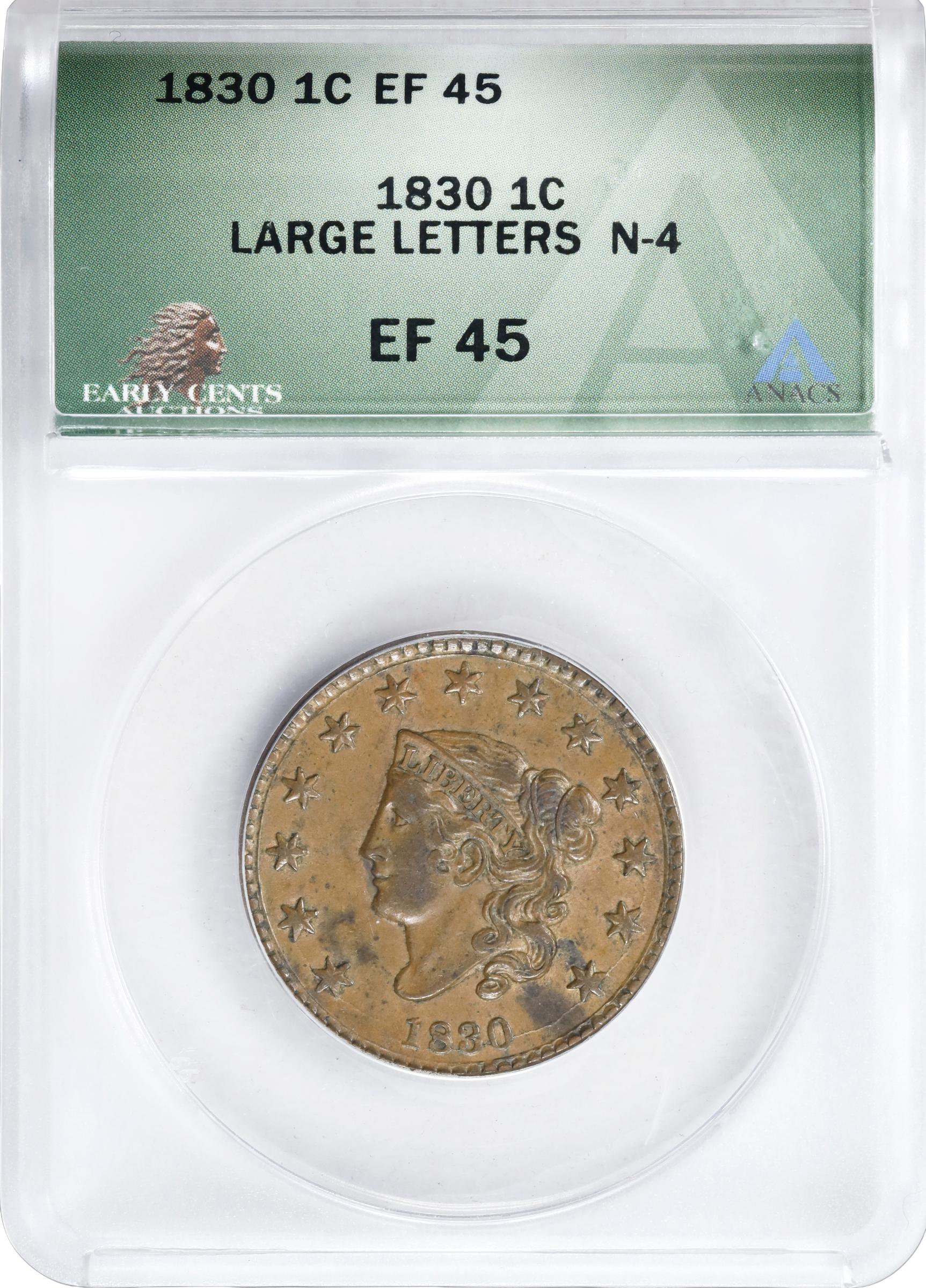 image for: 1830 Matron Head Cent. N-4. Rarity-2. Large Letters. EF-45 (ANACS).
