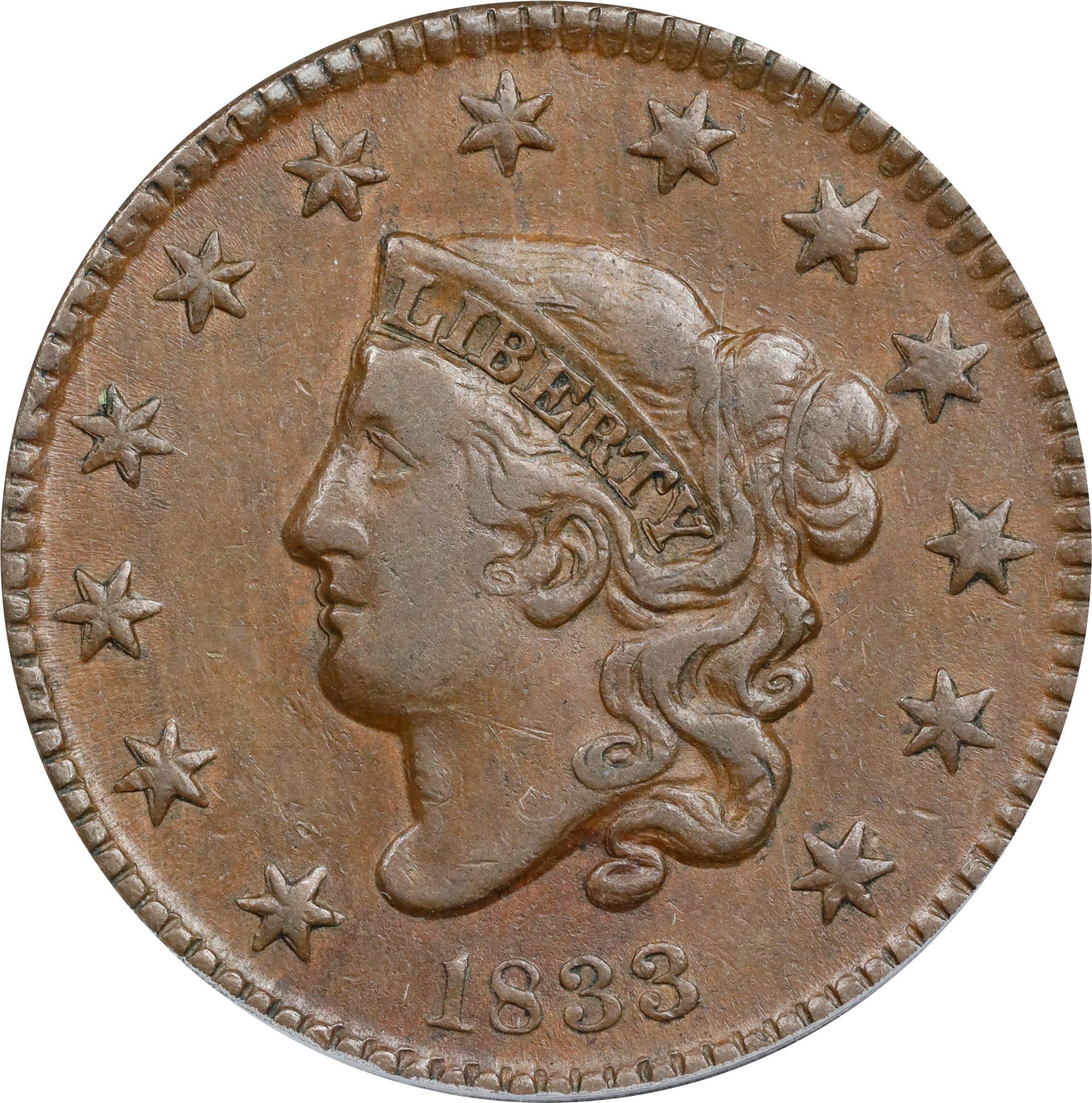 image for: 1833 Matron Head Cent. N-6. Rarity-1. VF-30 (ANACS).