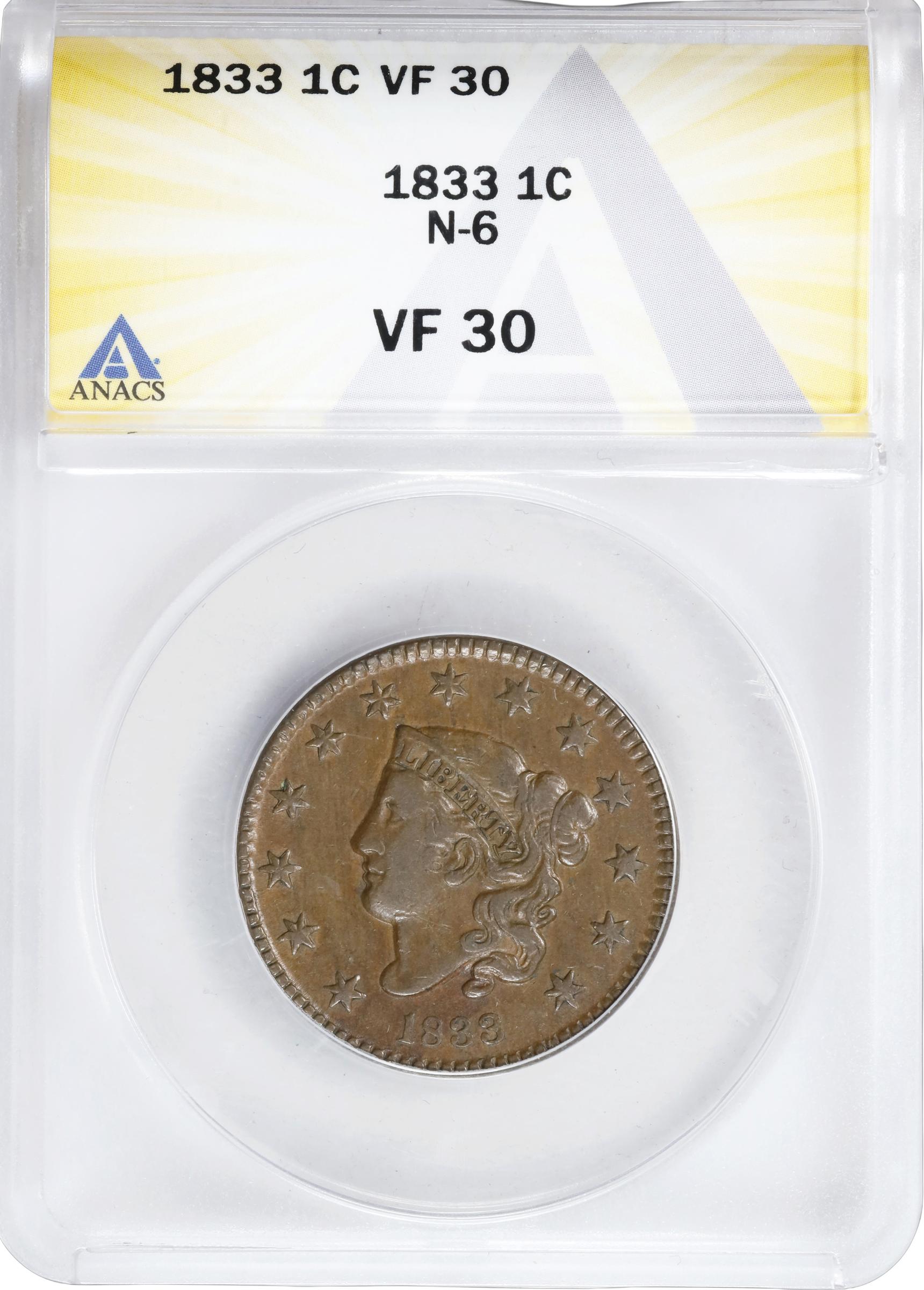 image for: 1833 Matron Head Cent. N-6. Rarity-1. VF-30 (ANACS).