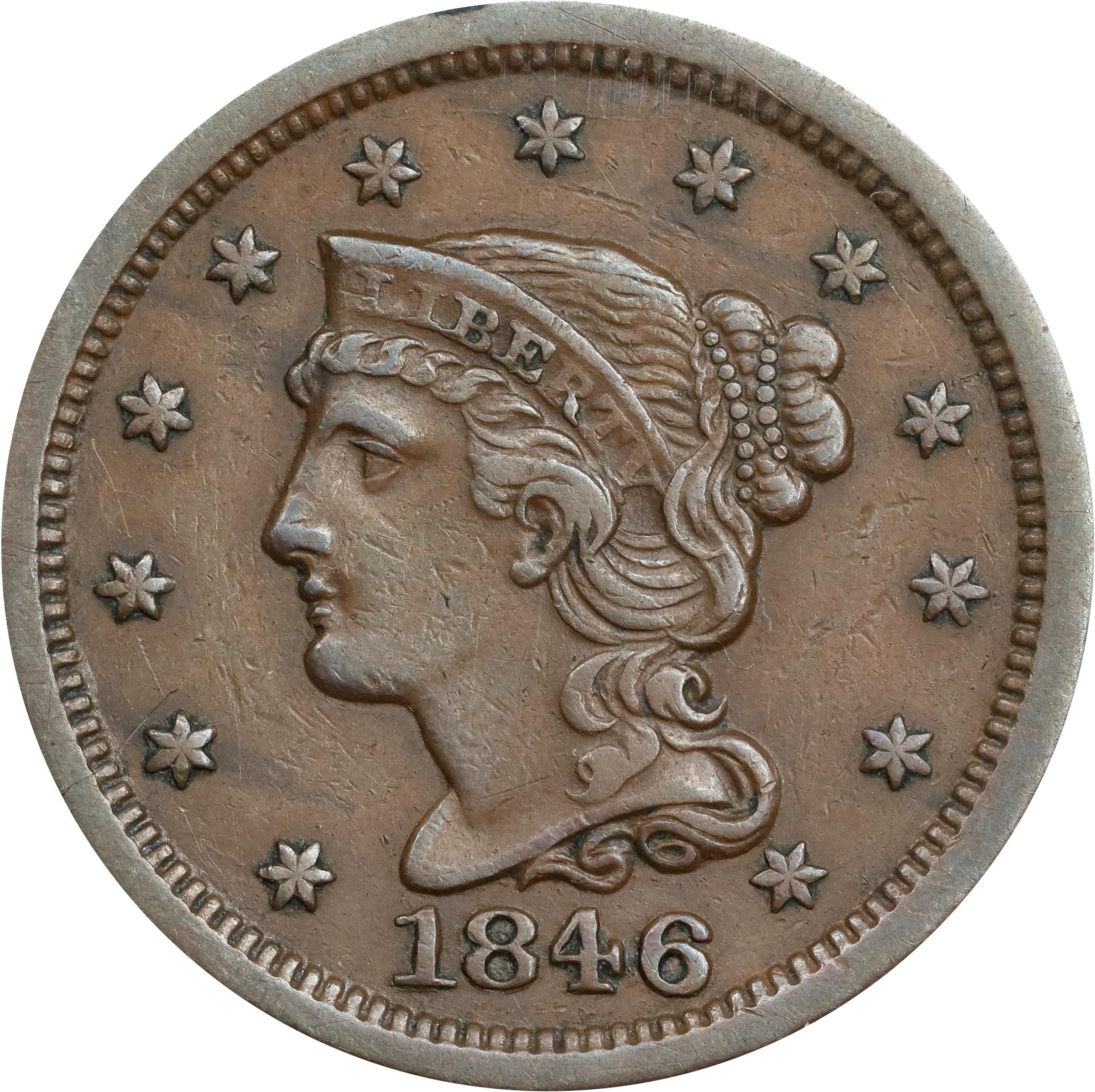 image for: 1846 Braided Hair Cent. N-1. Rarity-1. Small Date. EF-45 (ANACS).