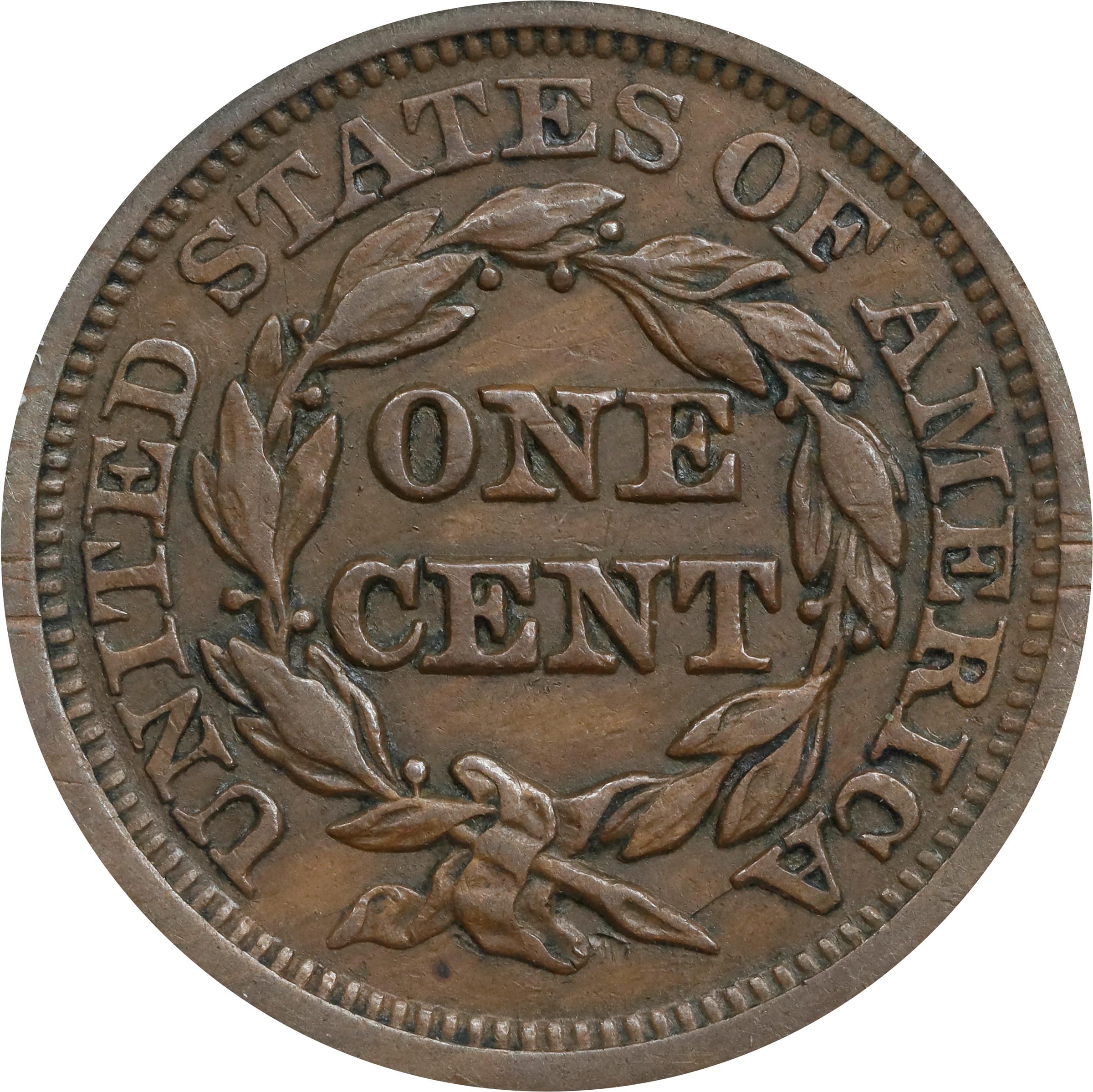 image for: 1846 Braided Hair Cent. N-1. Rarity-1. Small Date. EF-45 (ANACS).