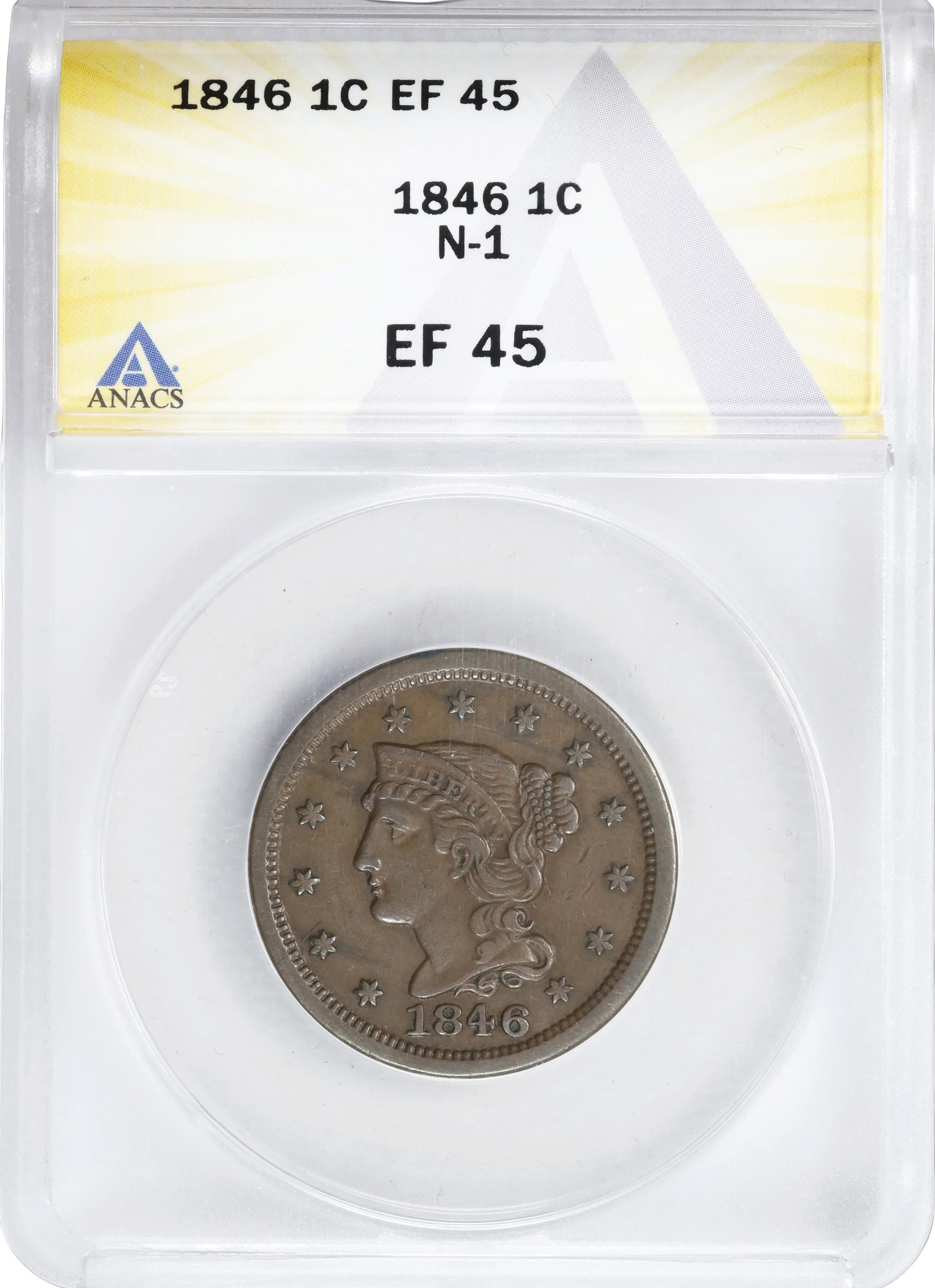 image for: 1846 Braided Hair Cent. N-1. Rarity-1. Small Date. EF-45 (ANACS).
