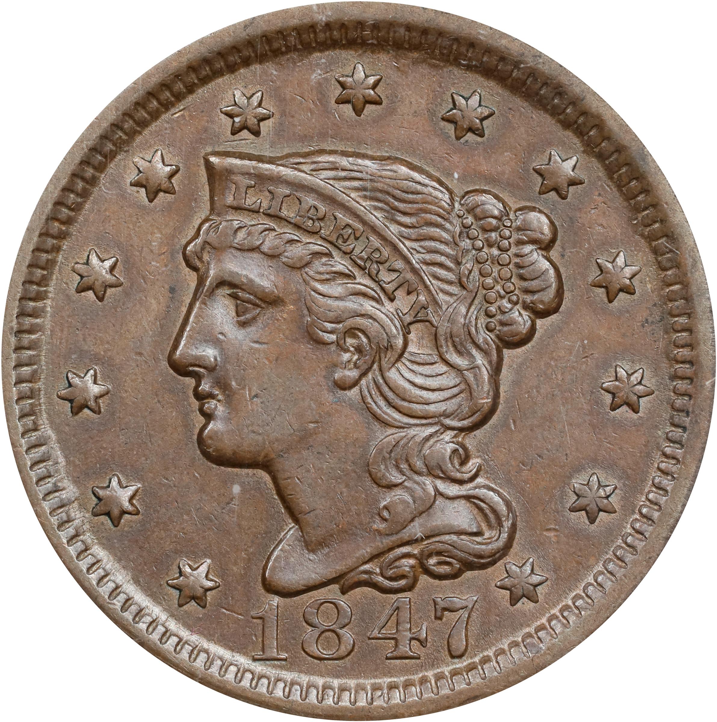 image for: 1847 Braided Hair Cent. N-10. Rarity-3+. AU-53 (ANACS).