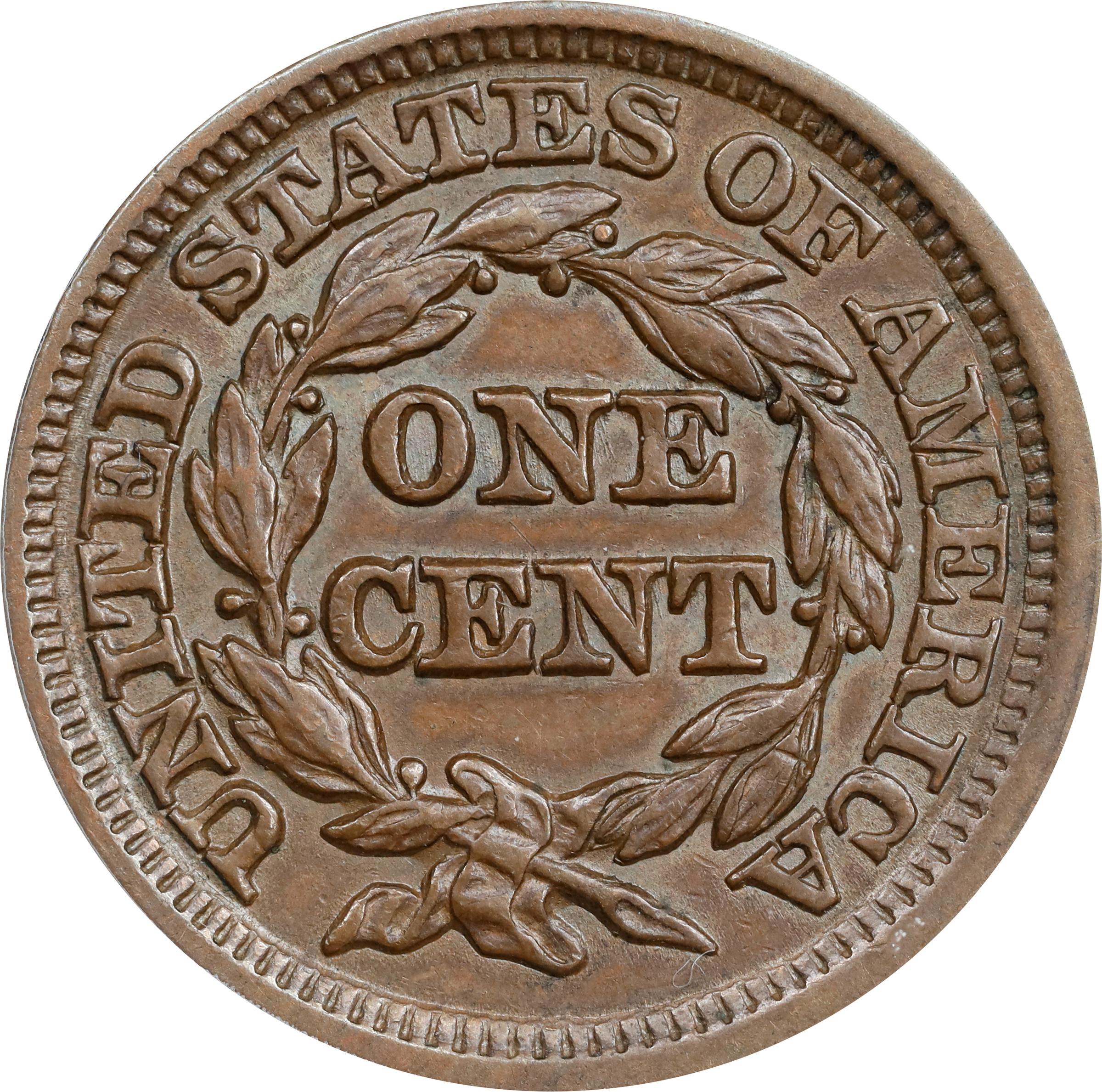 image for: 1847 Braided Hair Cent. N-10. Rarity-3+. AU-53 (ANACS).
