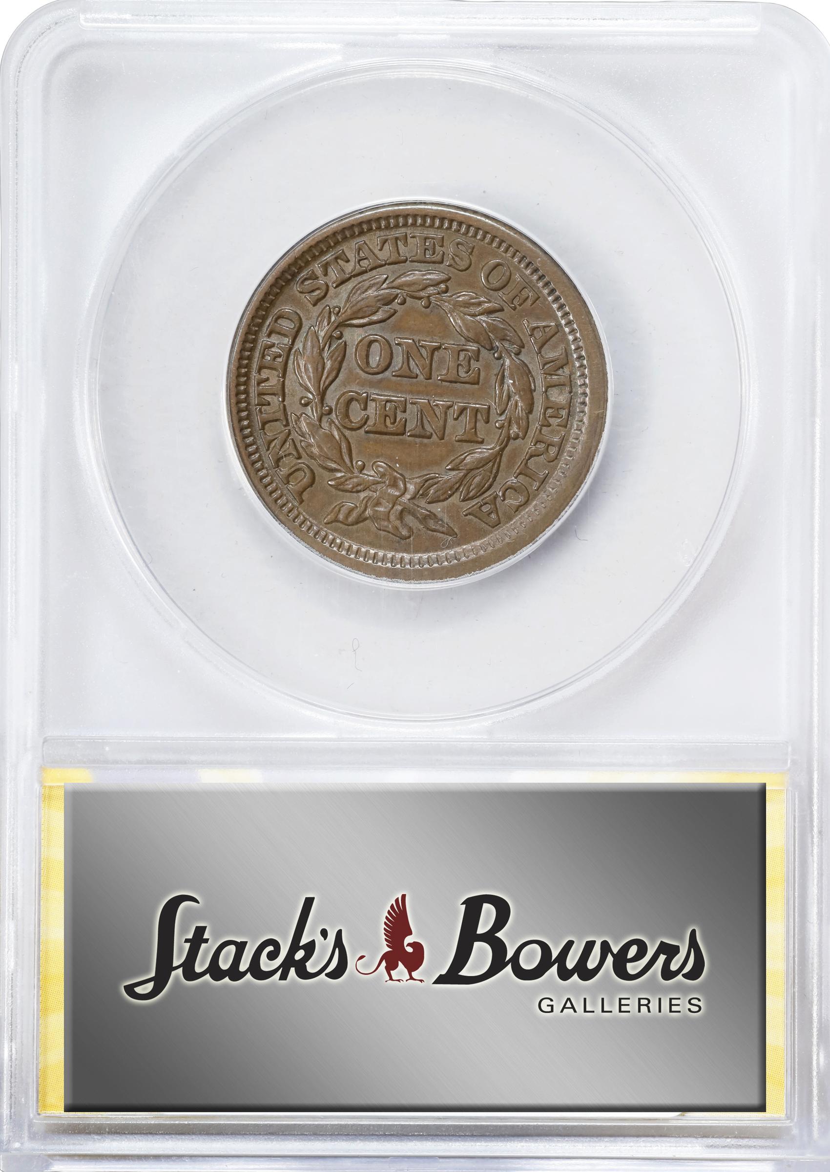 image for: 1847 Braided Hair Cent. N-10. Rarity-3+. AU-53 (ANACS).