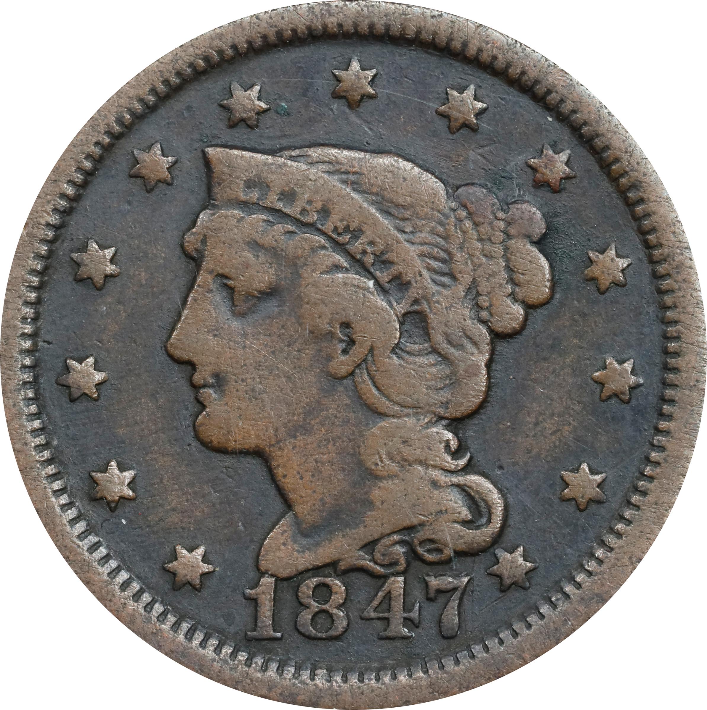 image for: 1847 Braided Hair Cent. N-18. Rarity-5. Large/Medium 7. Fine-12 (ANACS).