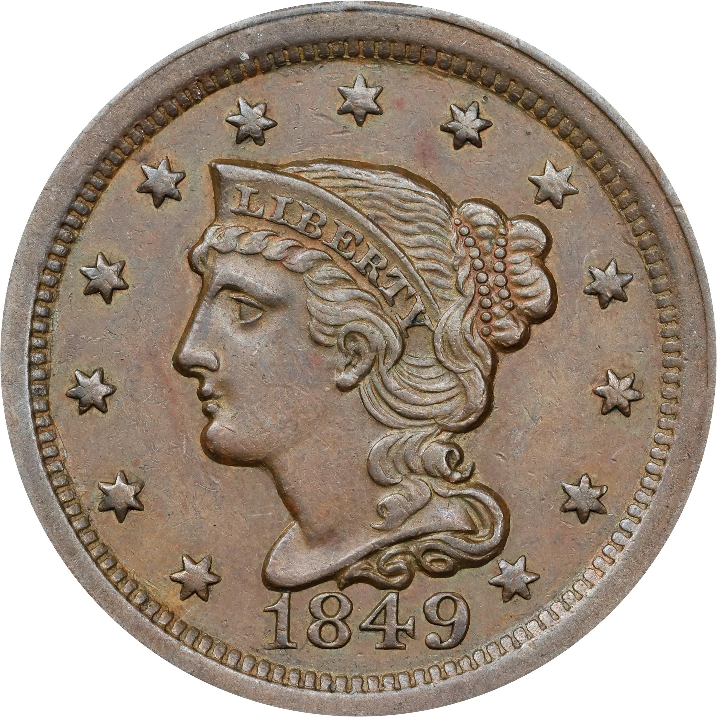 image for: 1849 Braided Hair Cent. N-2. Rarity-2. AU-55 (ANACS).