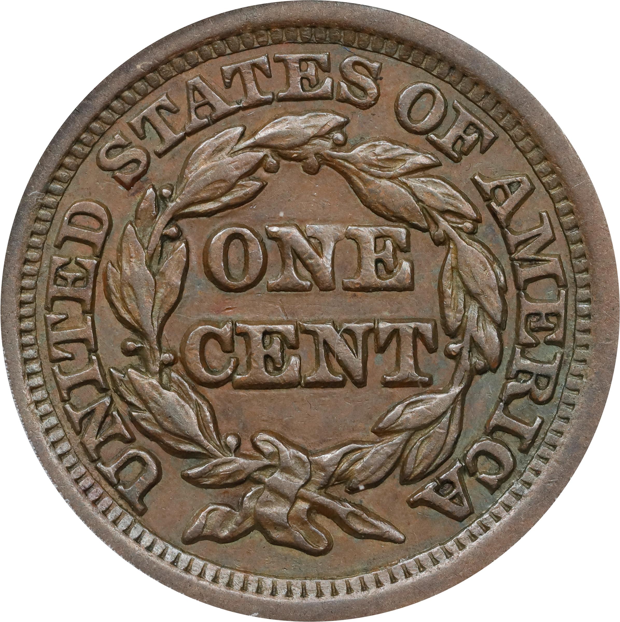 image for: 1849 Braided Hair Cent. N-2. Rarity-2. AU-55 (ANACS).
