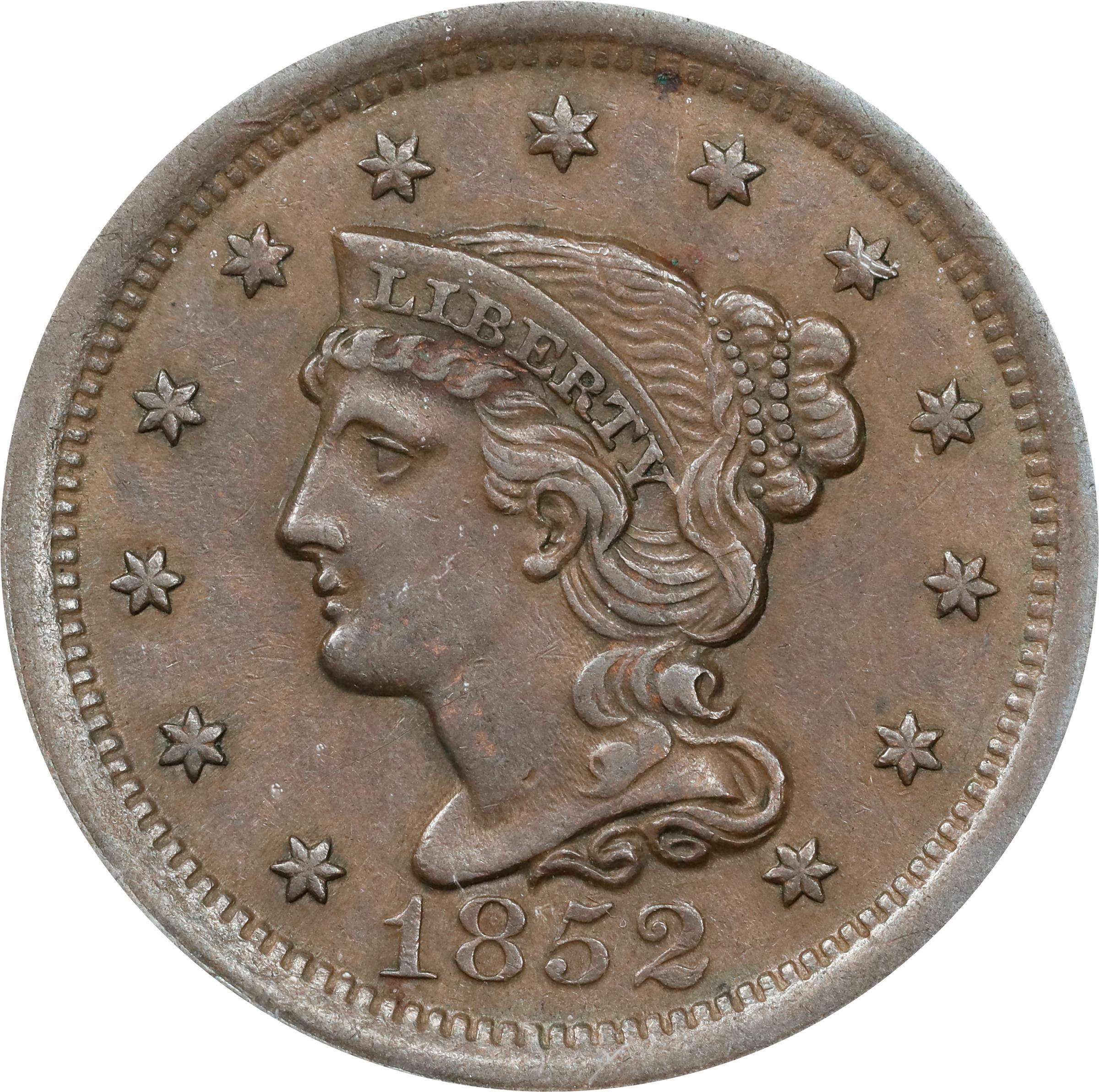image for: 1852 Braided Hair Cent. N-14. Rarity-1. AU-50 (ANACS).