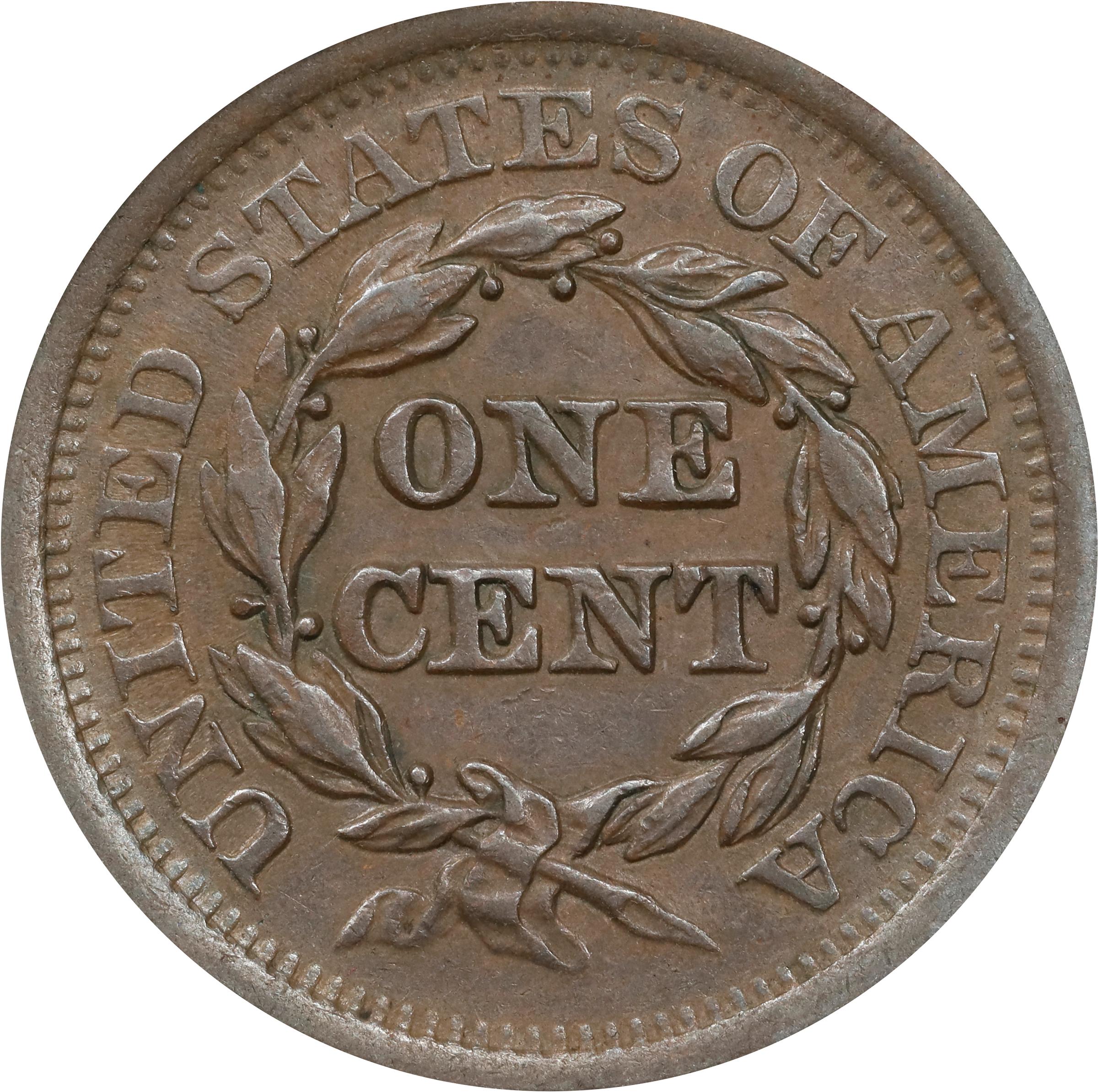 image for: 1852 Braided Hair Cent. N-14. Rarity-1. AU-50 (ANACS).