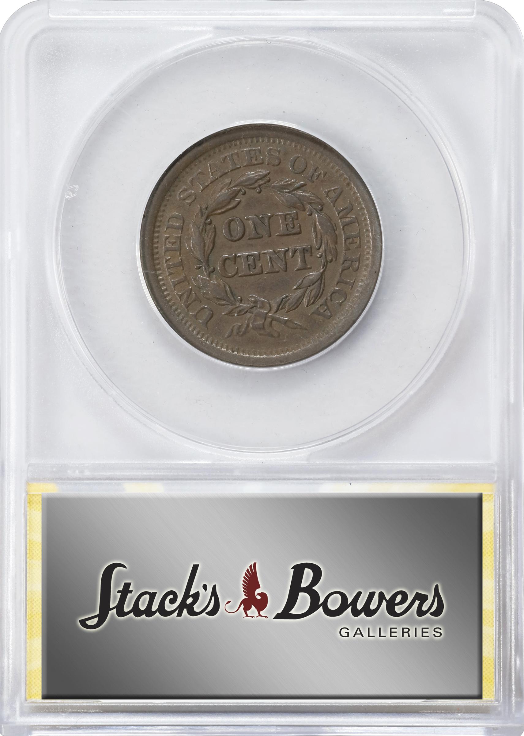 image for: 1852 Braided Hair Cent. N-14. Rarity-1. AU-50 (ANACS).