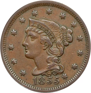 image for: 1855 Braided Hair Cent. N-9. Rarity-1. Slanting 5s, Knob on Ear. EF-45 (ANACS).
