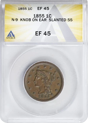 image for: 1855 Braided Hair Cent. N-9. Rarity-1. Slanting 5s, Knob on Ear. EF-45 (ANACS).