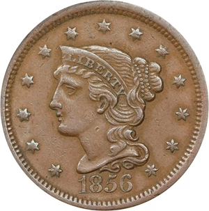 image for: 1856 Braided Hair Cent. N-14. Rarity-1. Slanting 5. AU-50 (ANACS).
