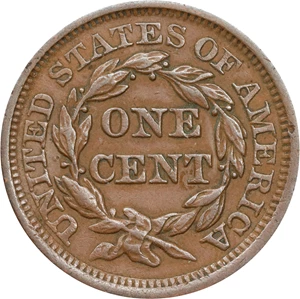 image for: 1856 Braided Hair Cent. N-14. Rarity-1. Slanting 5. AU-50 (ANACS).