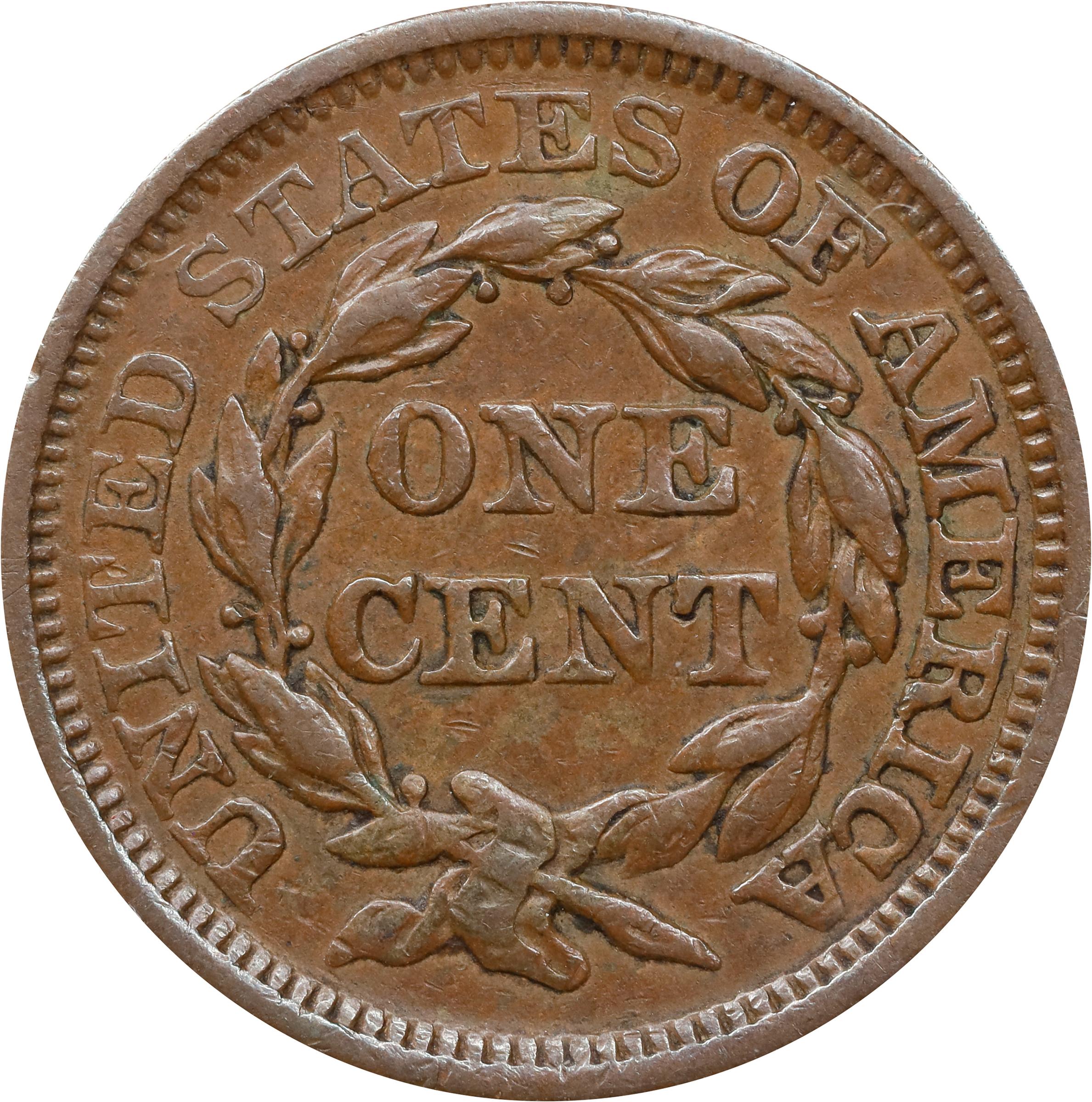 image for: 1856 Braided Hair Cent. N-18. Rarity-1. Slanting 5. AU-50 (ANACS).