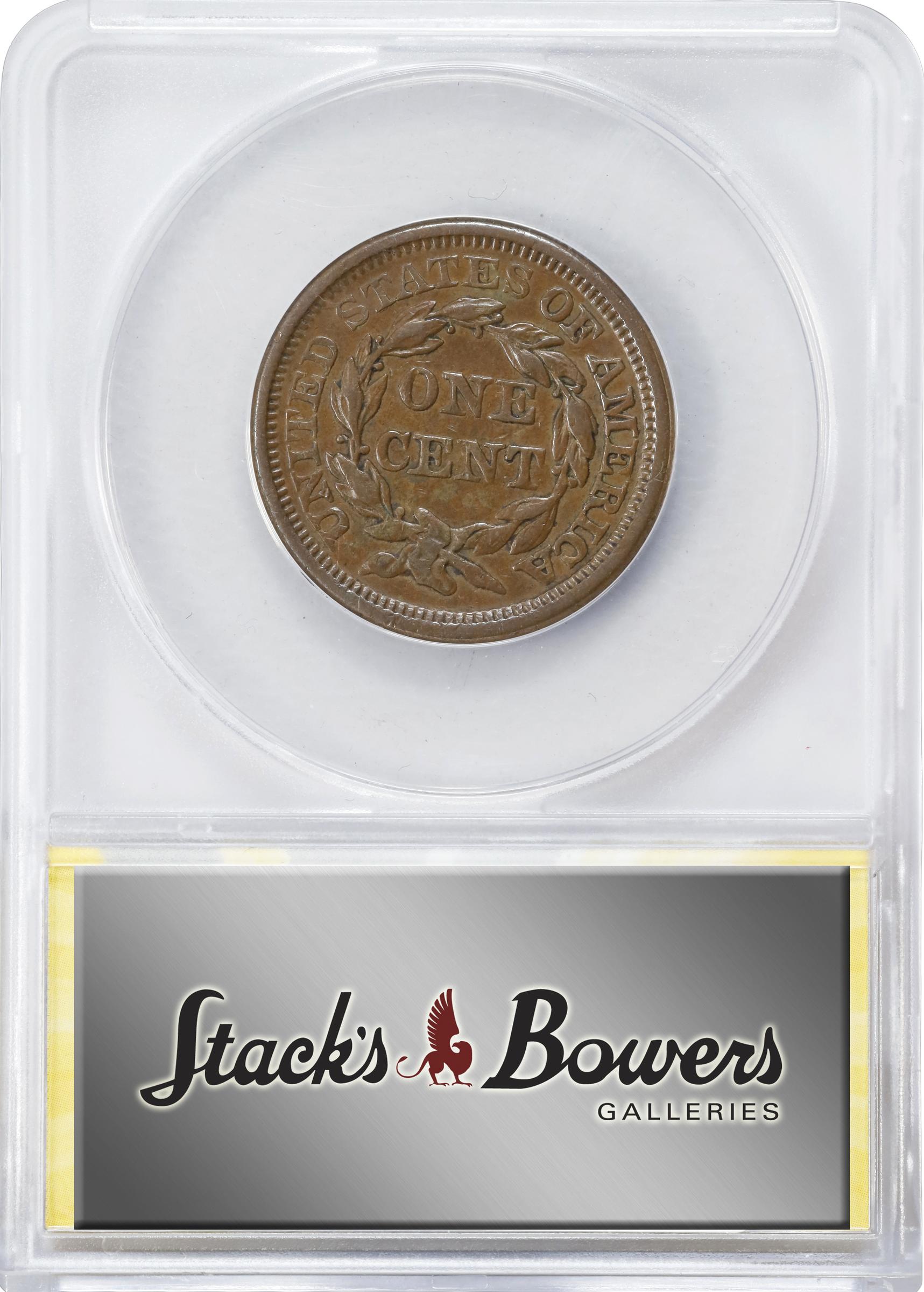 image for: 1856 Braided Hair Cent. N-18. Rarity-1. Slanting 5. AU-50 (ANACS).