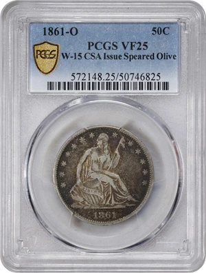 image for: 1861-O Liberty Seated Half Dollar. Confederate States Issue. W-15. Rarity-2. Speared Olive Bud. VF-25 (PCGS).