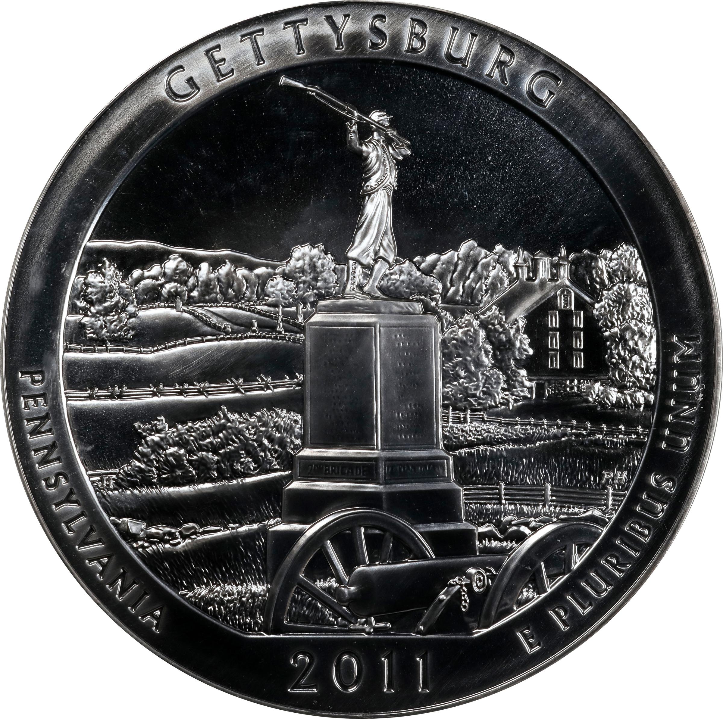 image for: 2011 America the Beautiful Silver Bullion Coin. Gettysburg National Military Park. First Strike. MS-69 DMPL (PCGS). John M. Mercanti Signature.