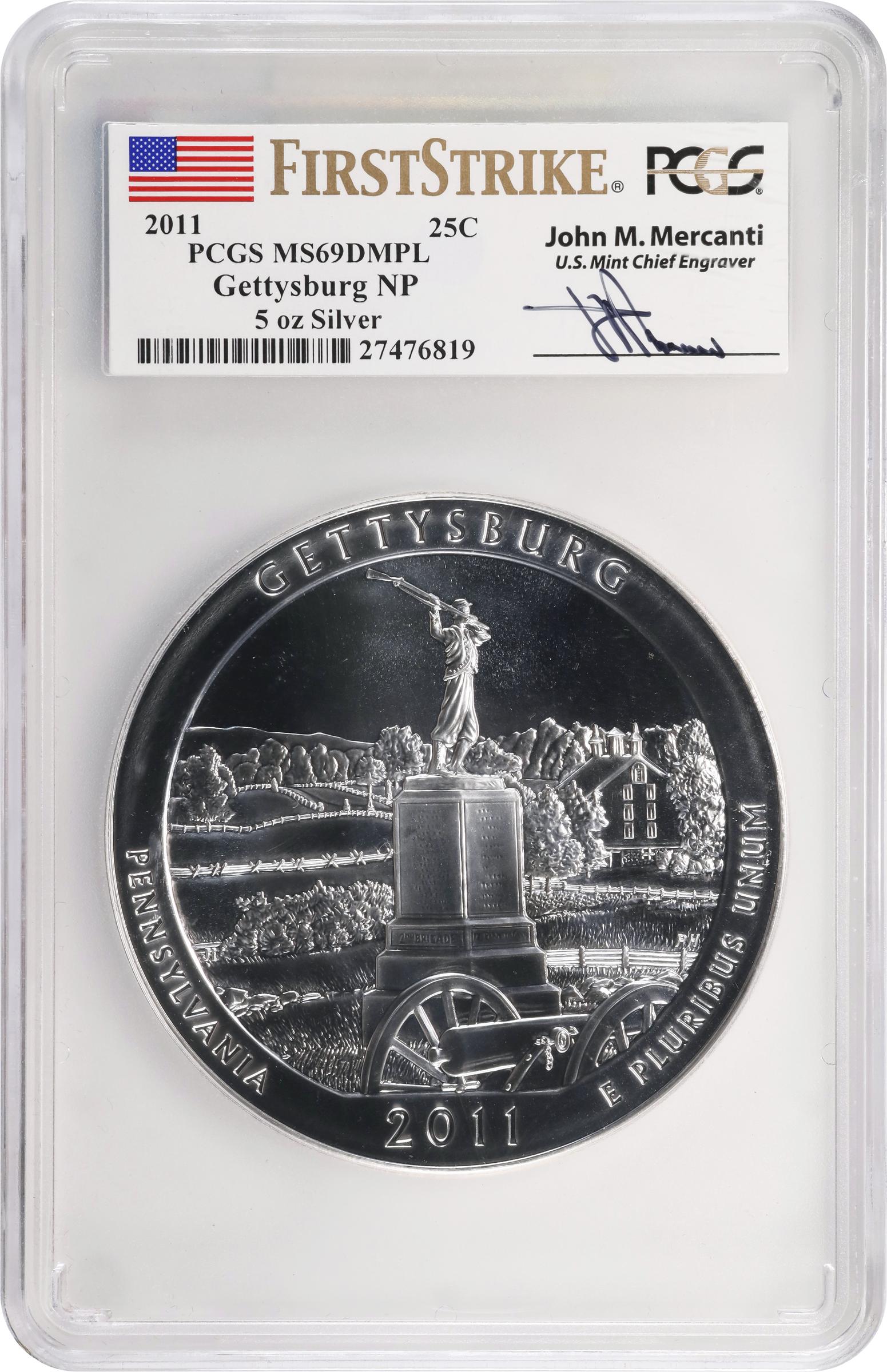 image for: 2011 America the Beautiful Silver Bullion Coin. Gettysburg National Military Park. First Strike. MS-69 DMPL (PCGS). John M. Mercanti Signature.