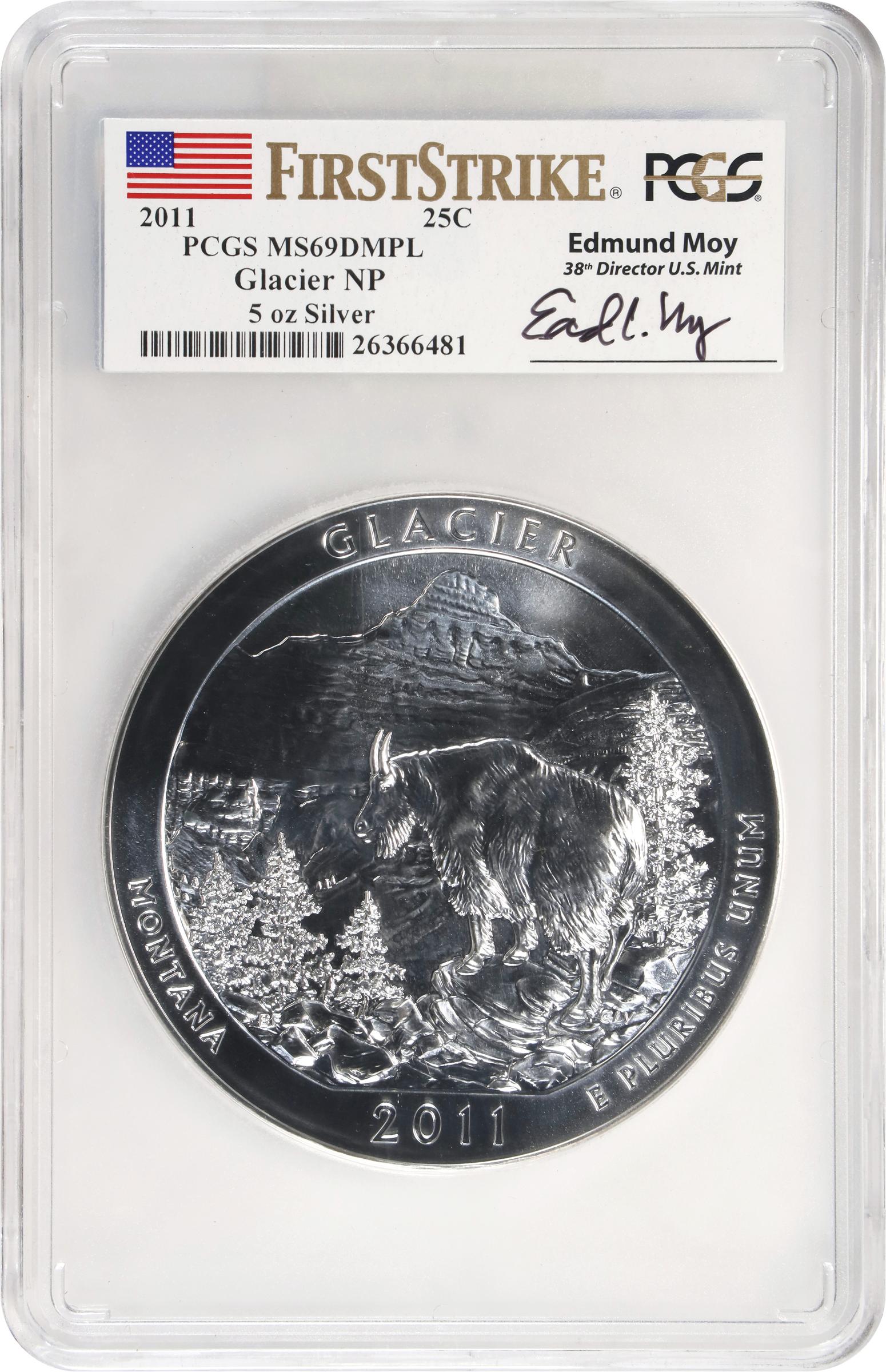 image for: 2011 America the Beautiful Silver Bullion Coin. Glacier National Park. First Strike. MS-69 DMPL (PCGS). 38th Mint Director Edmund C. Moy Signature.