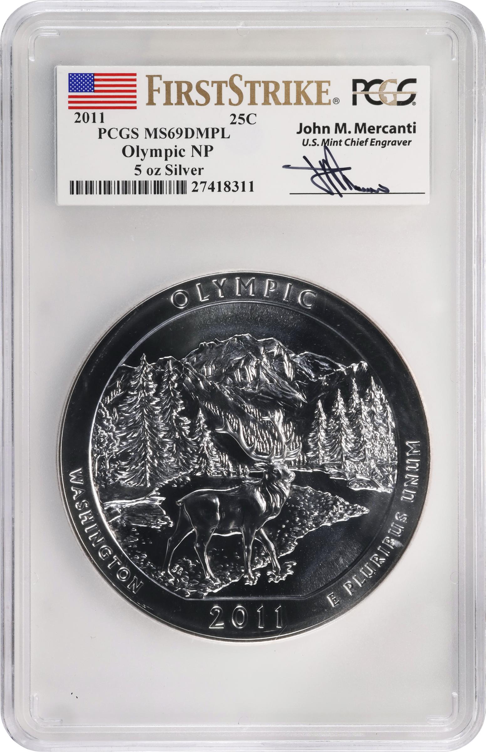 image for: 2011 America the Beautiful Silver Bullion Coin. Olympic National Park. First Strike. MS-69 DMPL (NGC). John M. Mercanti Signature.
