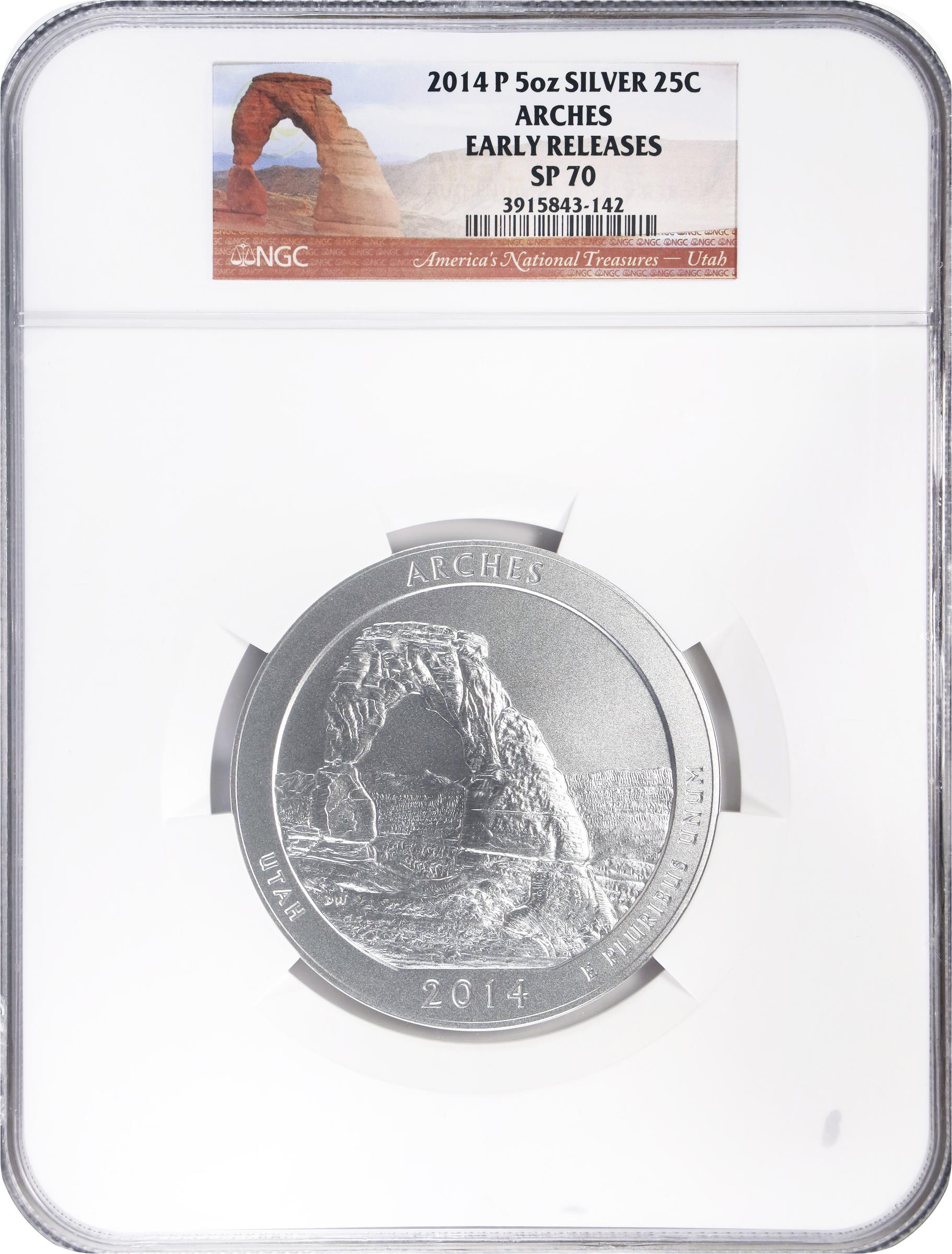 image for: 2014-P America the Beautiful Silver Bullion Coin. Arches National Park. Early Releases. Specimen-70 (NGC).