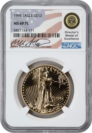 image for: 1994 One-Ounce Gold Eagle. MS-69 PL (NGC). Director' Medal of Excellence Label, Miles Standish Signature.