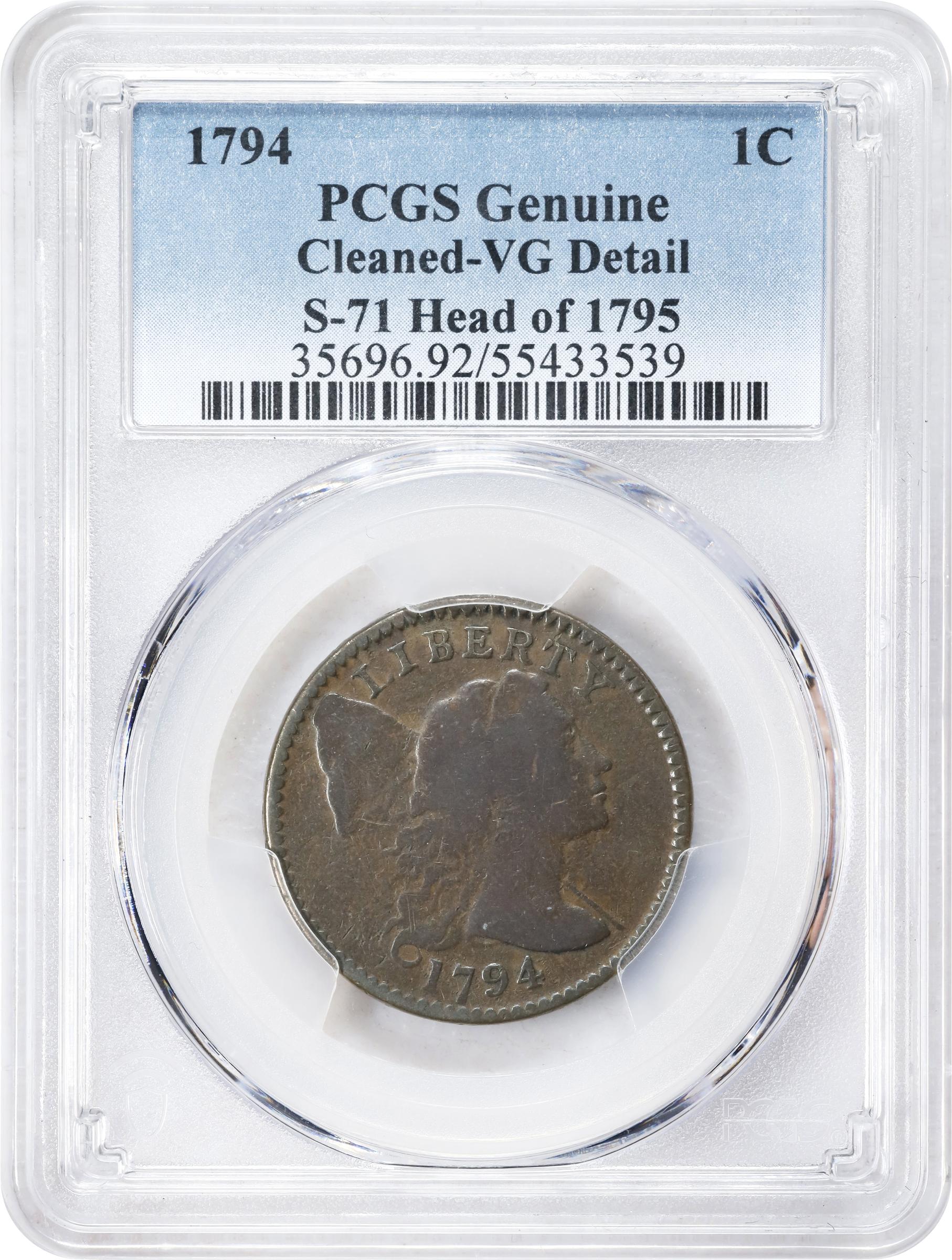 image for: 1794 Liberty Cap Cent. S-71, B-63. Rarity-2. Head of 1795. VG Details--Cleaned (PCGS).
