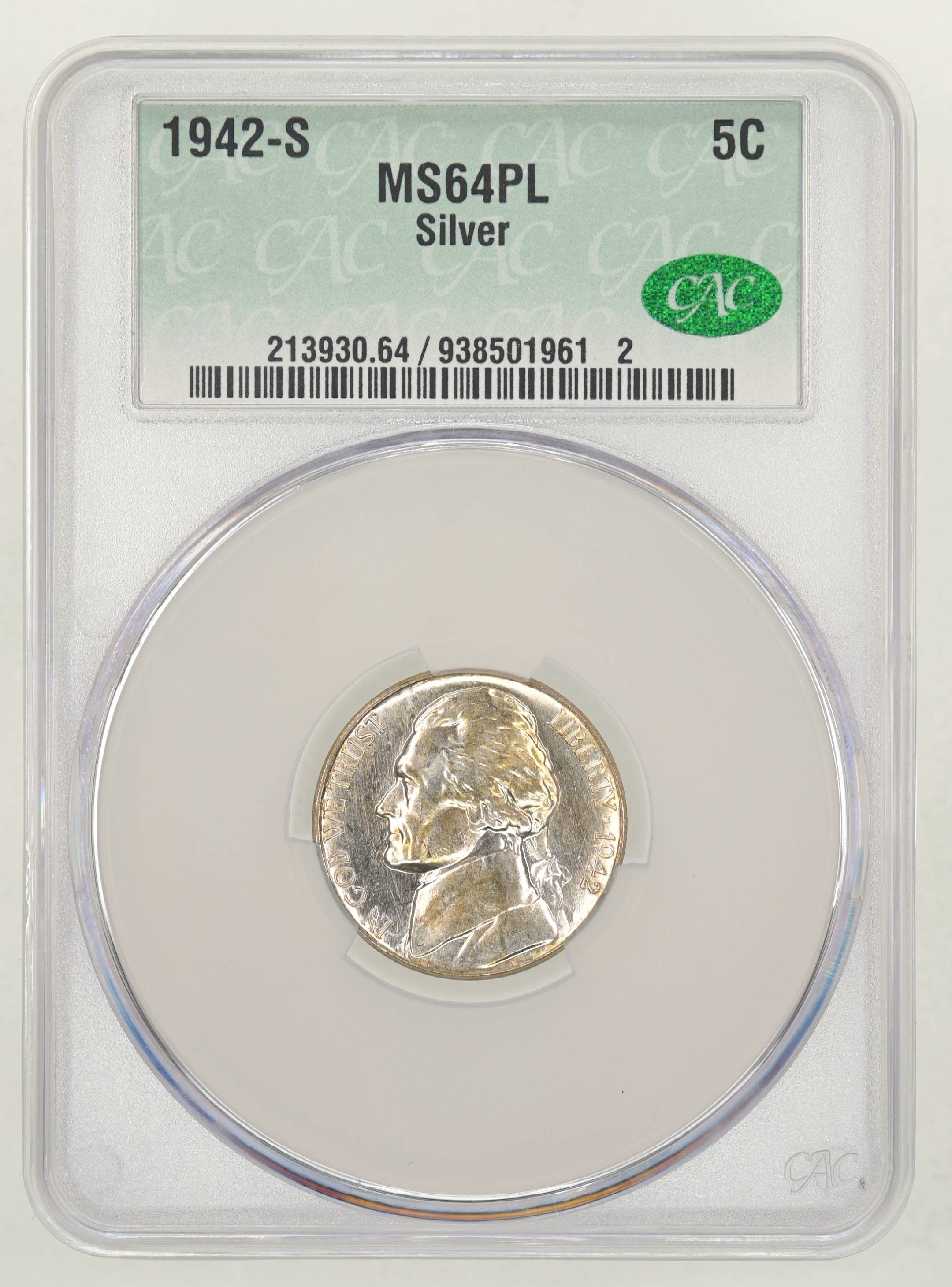 1942-S 5c Silver MS PL