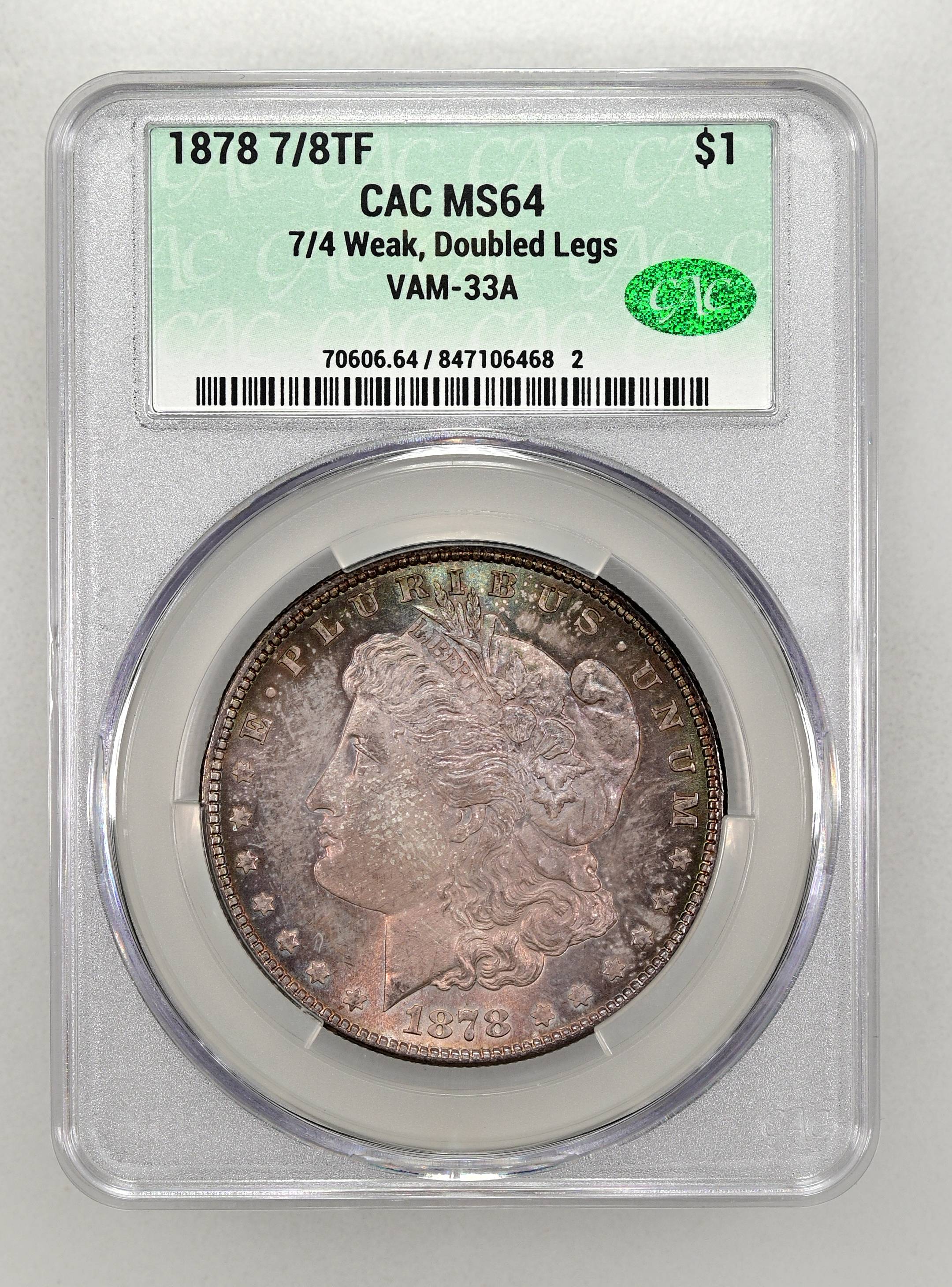 1878 7/8TF Morgan Dollar Weak, 7/4, Doubled Legs VAM 33A Mint