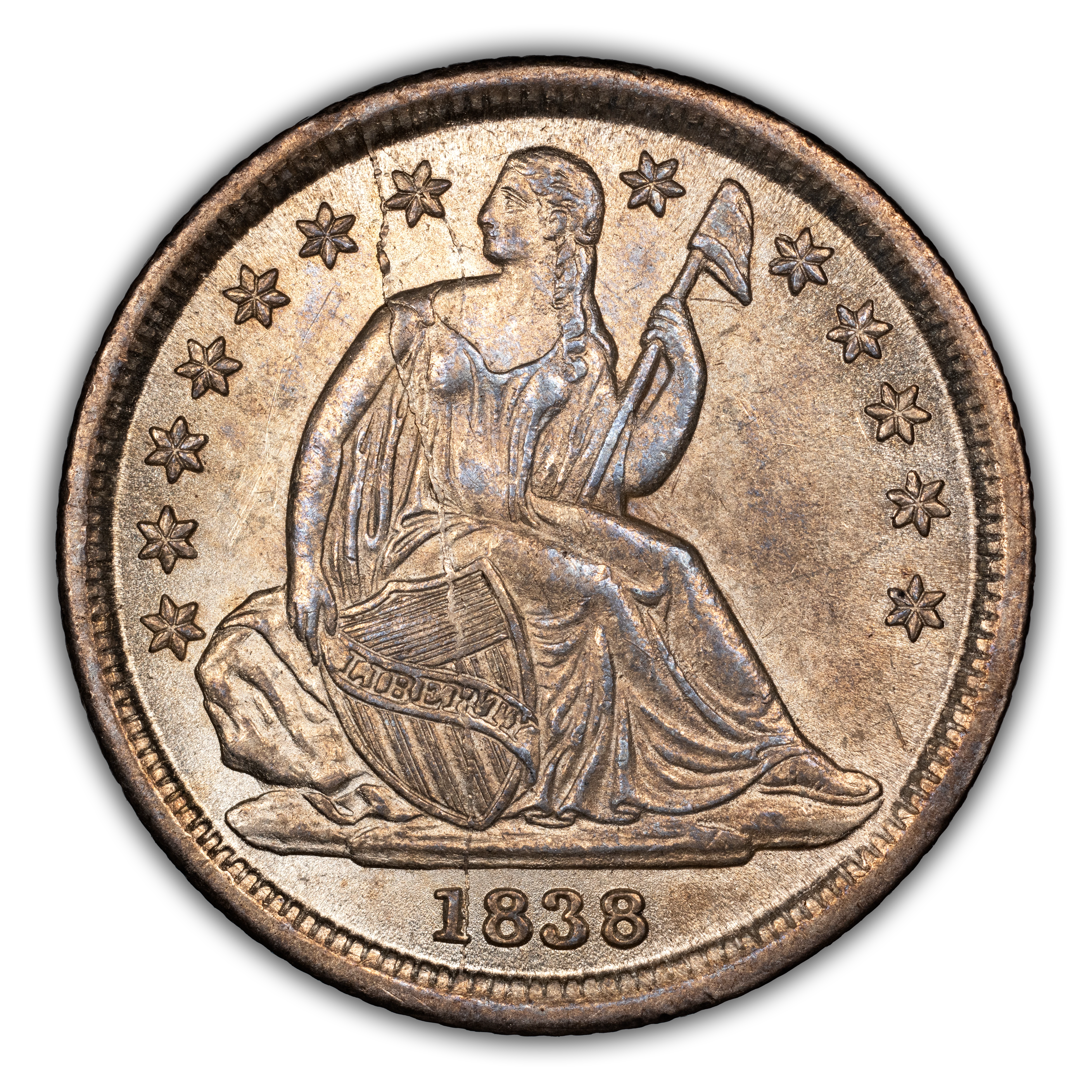 1838 10c No Drapery, Large Stars, Cracked Obv #1, F-106A MS