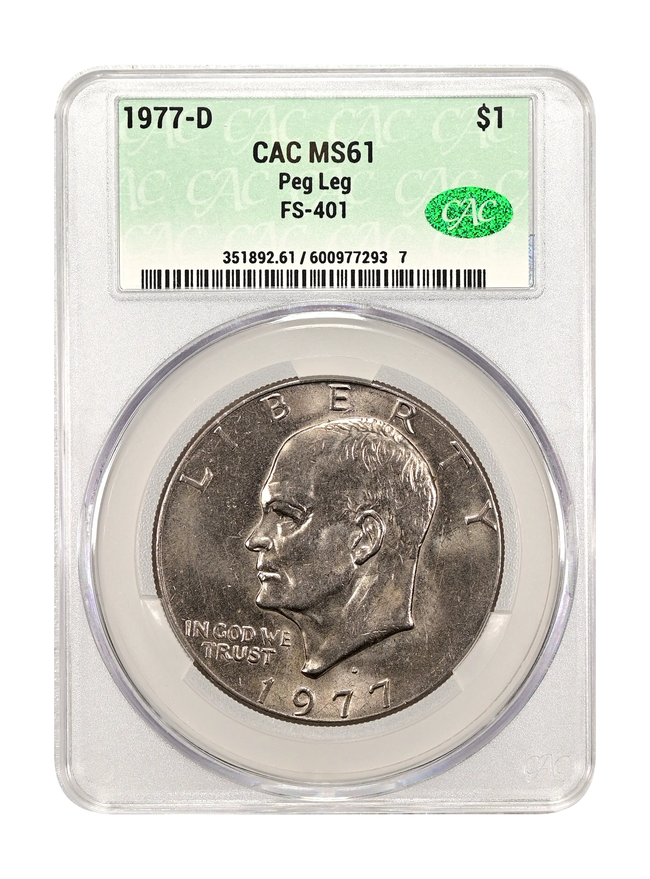 1977 D Peg Leg One Dollar FS 401 MS Values | Greysheet