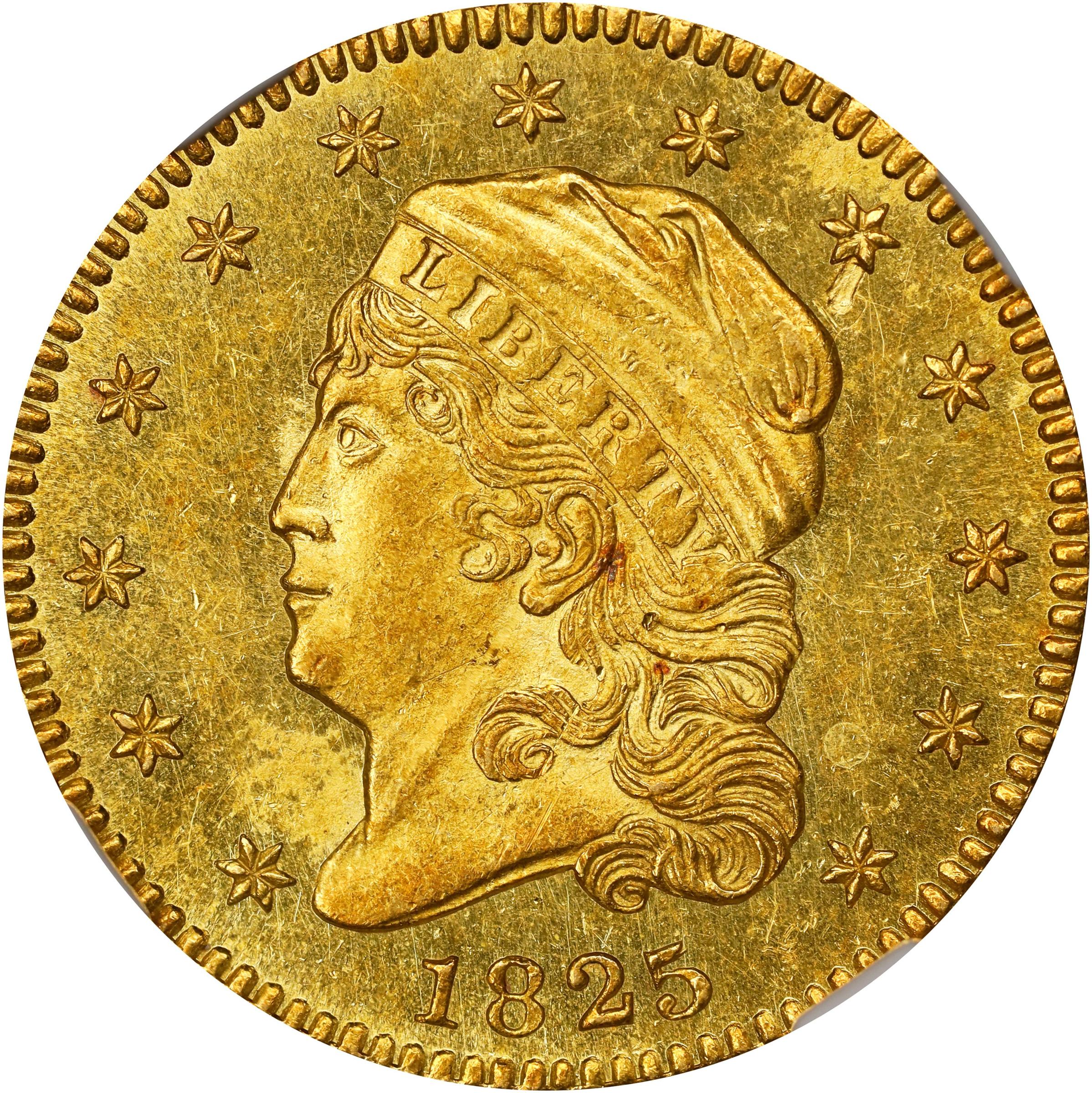 image for: 1825 Capped Head Left Quarter Eagle. BD-2. Rarity-4+. Recut 5, Distant Fraction. MS-65 (NGC). CAC. CMQ.