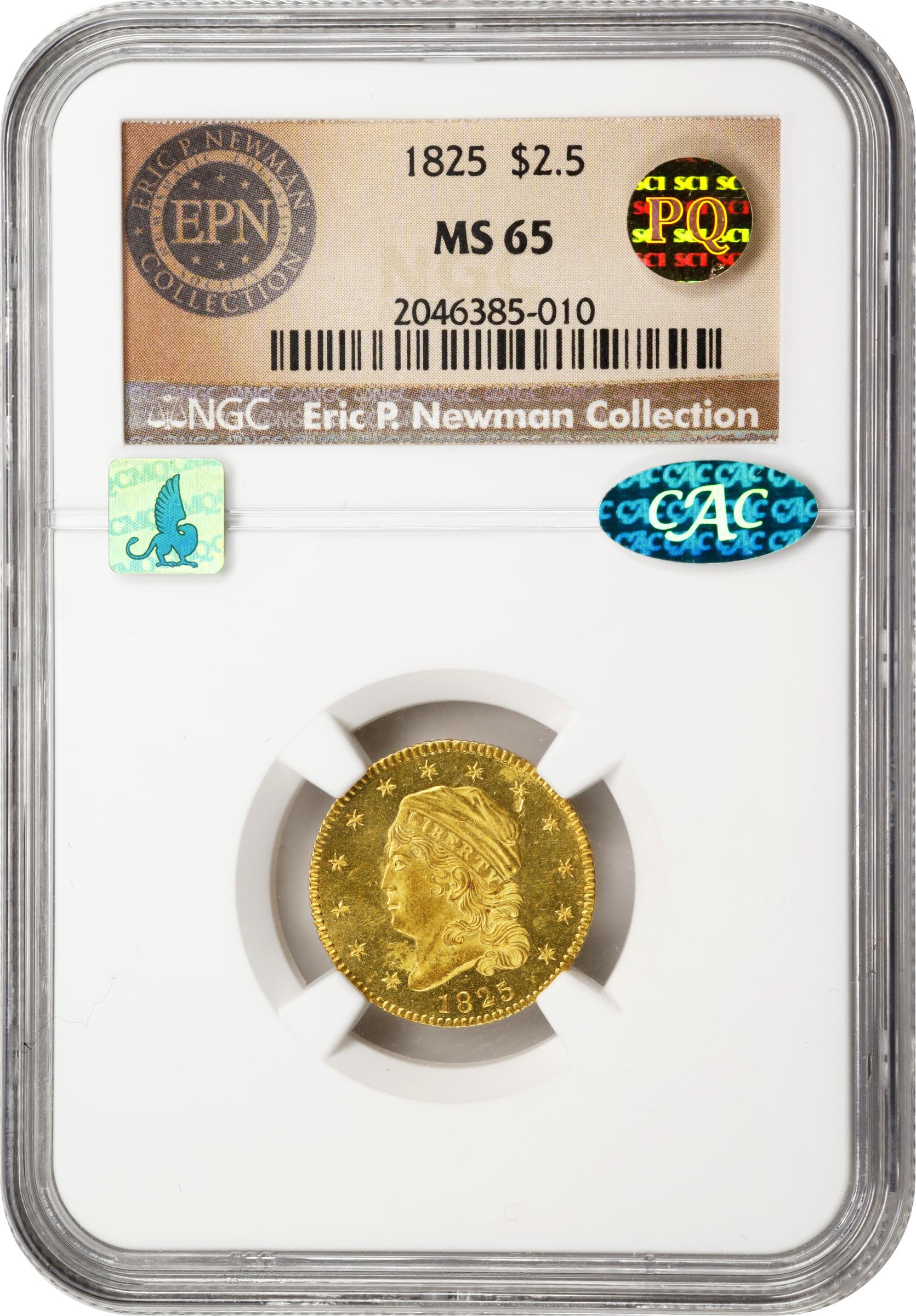 image for: 1825 Capped Head Left Quarter Eagle. BD-2. Rarity-4+. Recut 5, Distant Fraction. MS-65 (NGC). CAC. CMQ.
