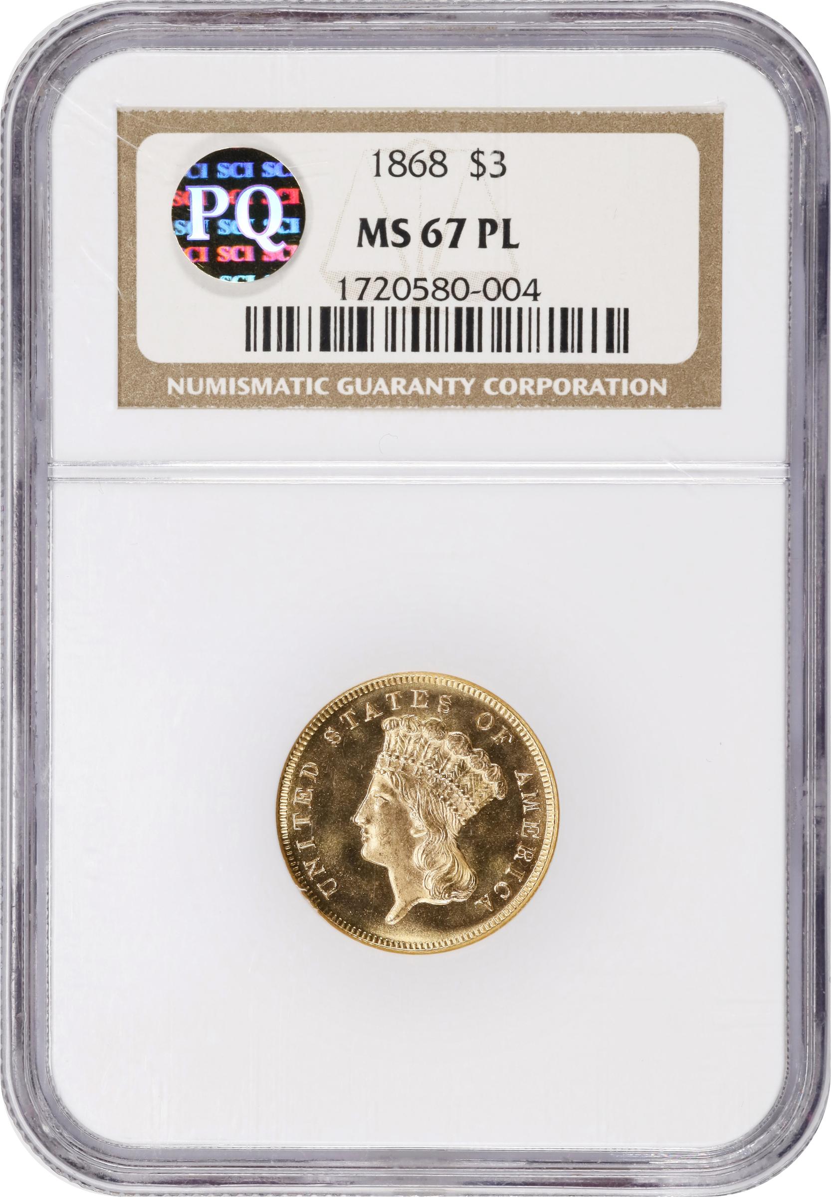 image for: 1868 Three-Dollar Gold Piece. MS-67 PL (NGC).