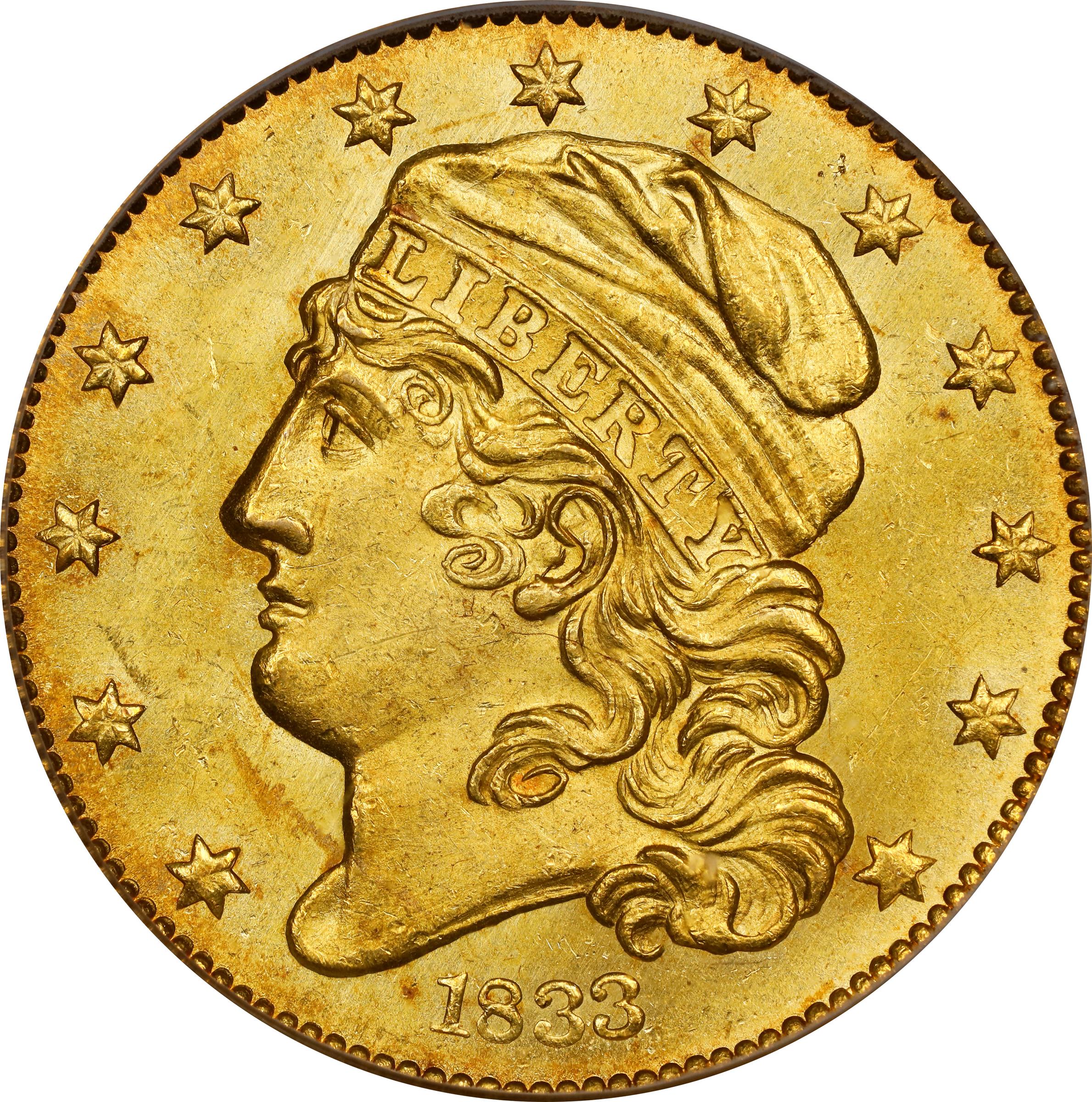 image for: 1833 Capped Head Left Half Eagle. BD-2. Rarity-6. Close, Small Date, Distant Period. MS-65 (PCGS). CMQ.