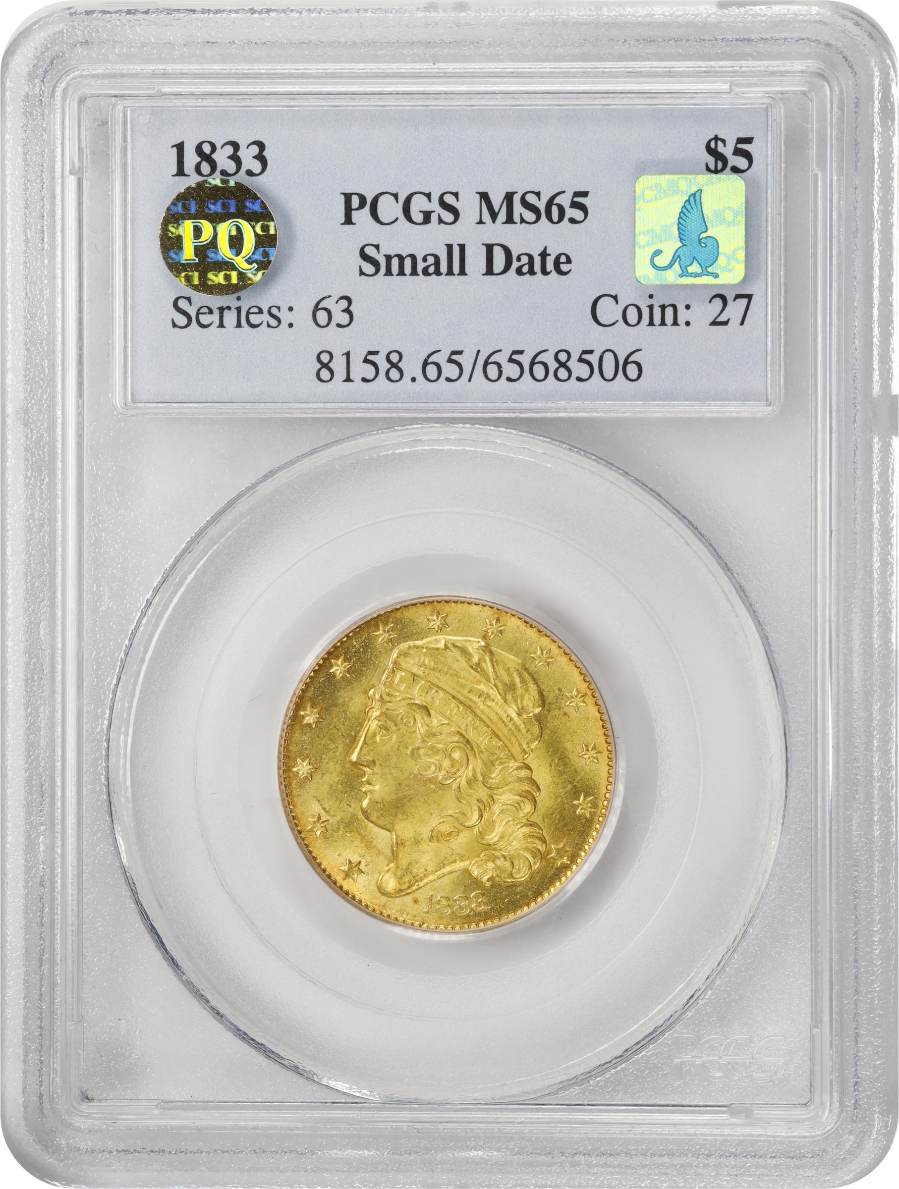 image for: 1833 Capped Head Left Half Eagle. BD-2. Rarity-6. Close, Small Date, Distant Period. MS-65 (PCGS). CMQ.