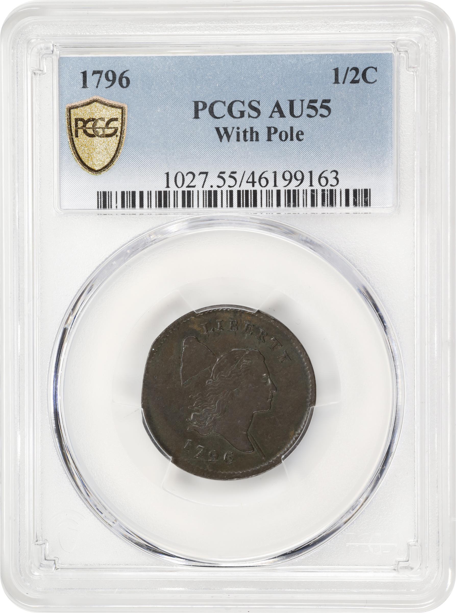 image for: 1796 Liberty Cap Half Cent. C-2. Rarity-4+. With Pole. AU-55 (PCGS).