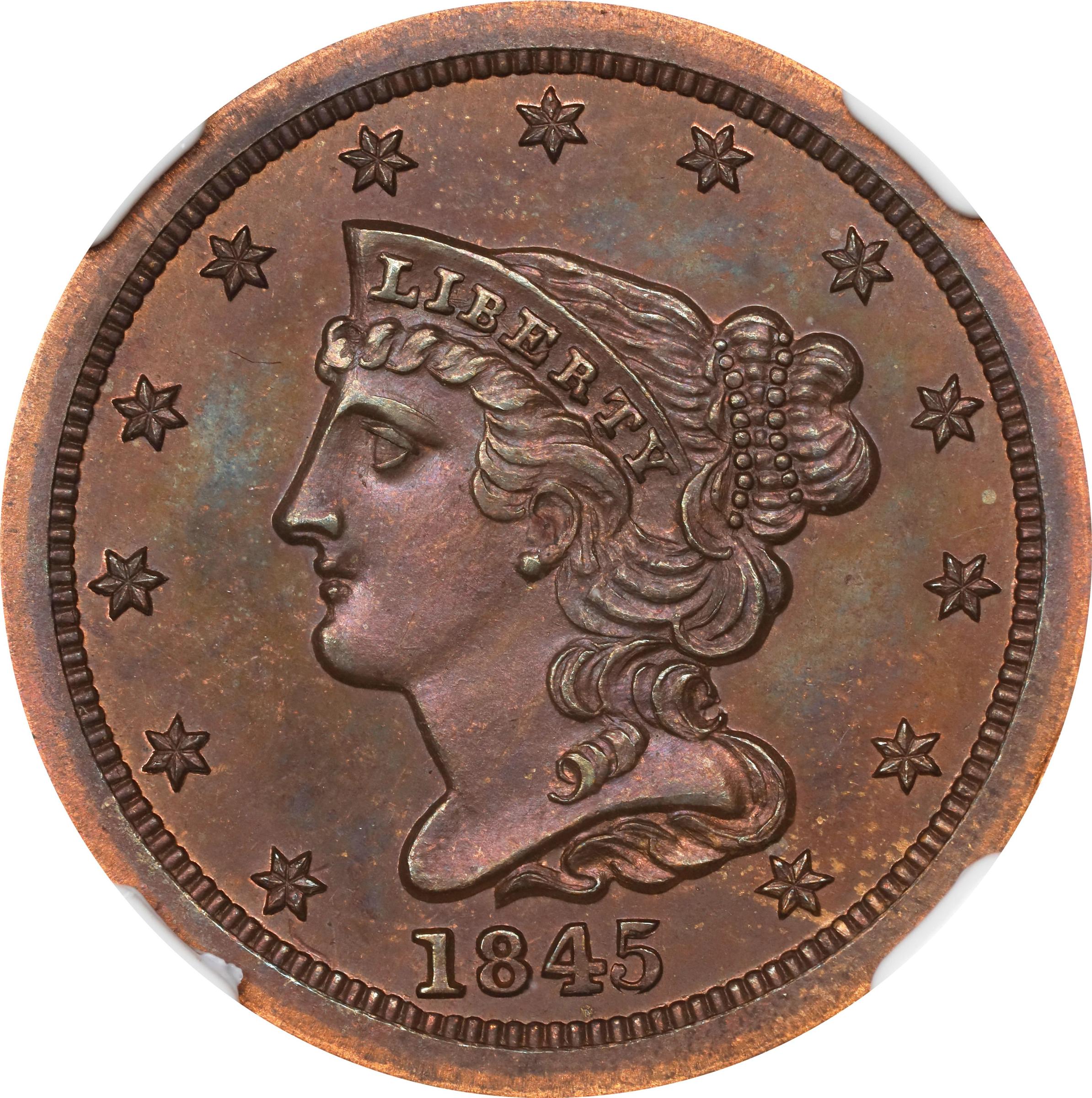 image for: 1845 Braided Hair Half Cent. Second Restrike. B-3. Rarity-6-. Small Berries, Reverse of 1840. Proof-67 BN (NGC).