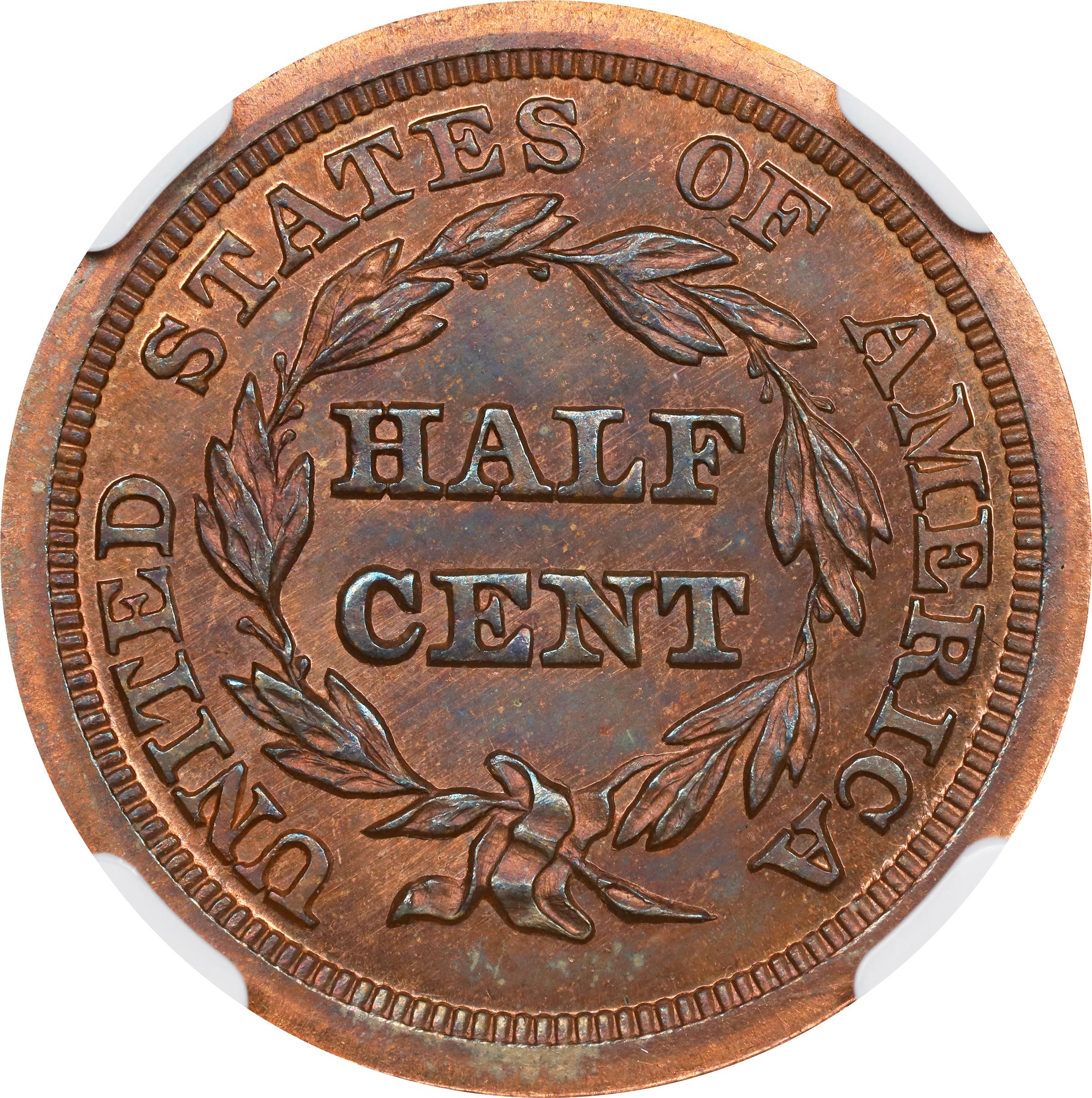 image for: 1845 Braided Hair Half Cent. Second Restrike. B-3. Rarity-6-. Small Berries, Reverse of 1840. Proof-67 BN (NGC).