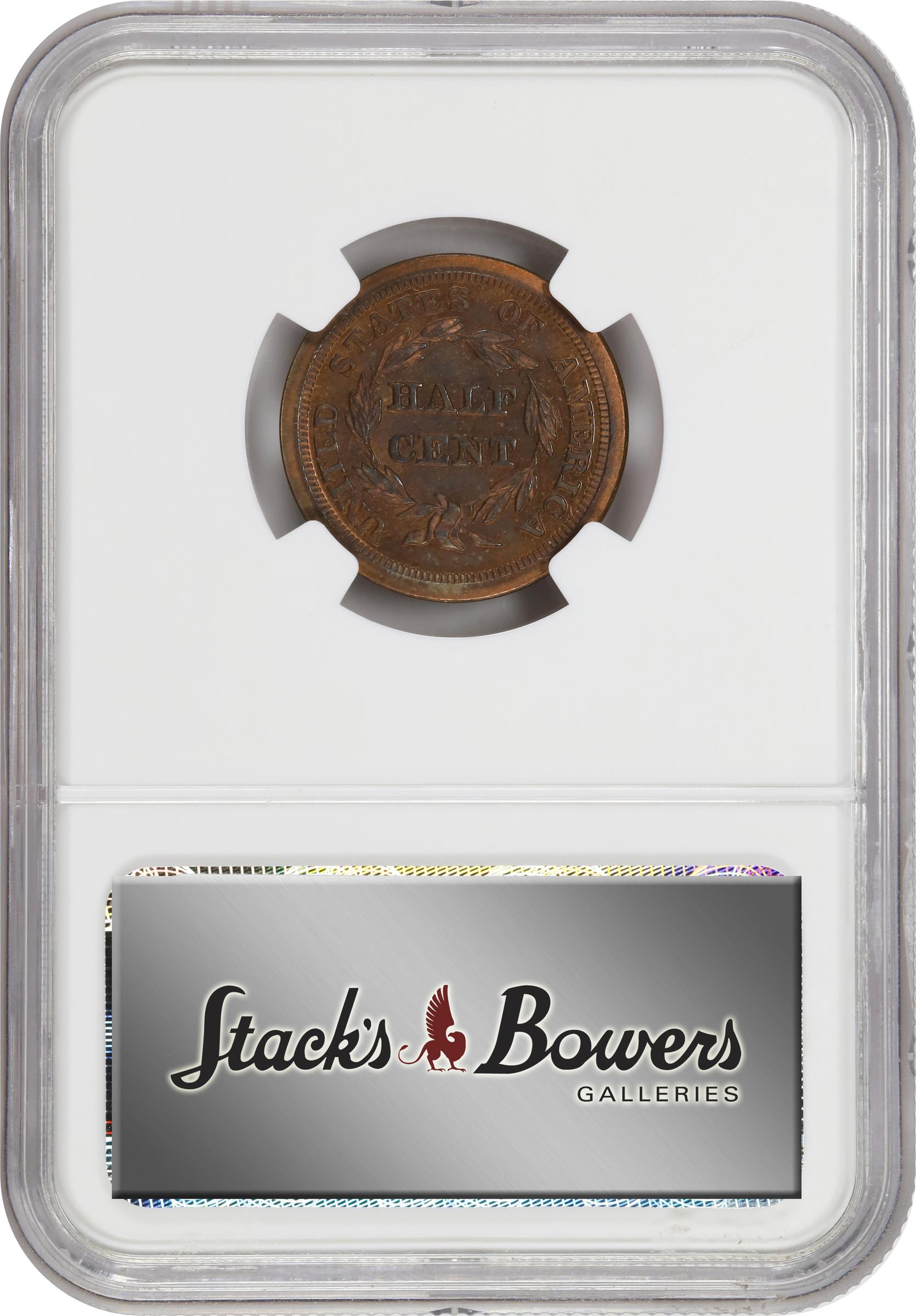 image for: 1845 Braided Hair Half Cent. Second Restrike. B-3. Rarity-6-. Small Berries, Reverse of 1840. Proof-67 BN (NGC).