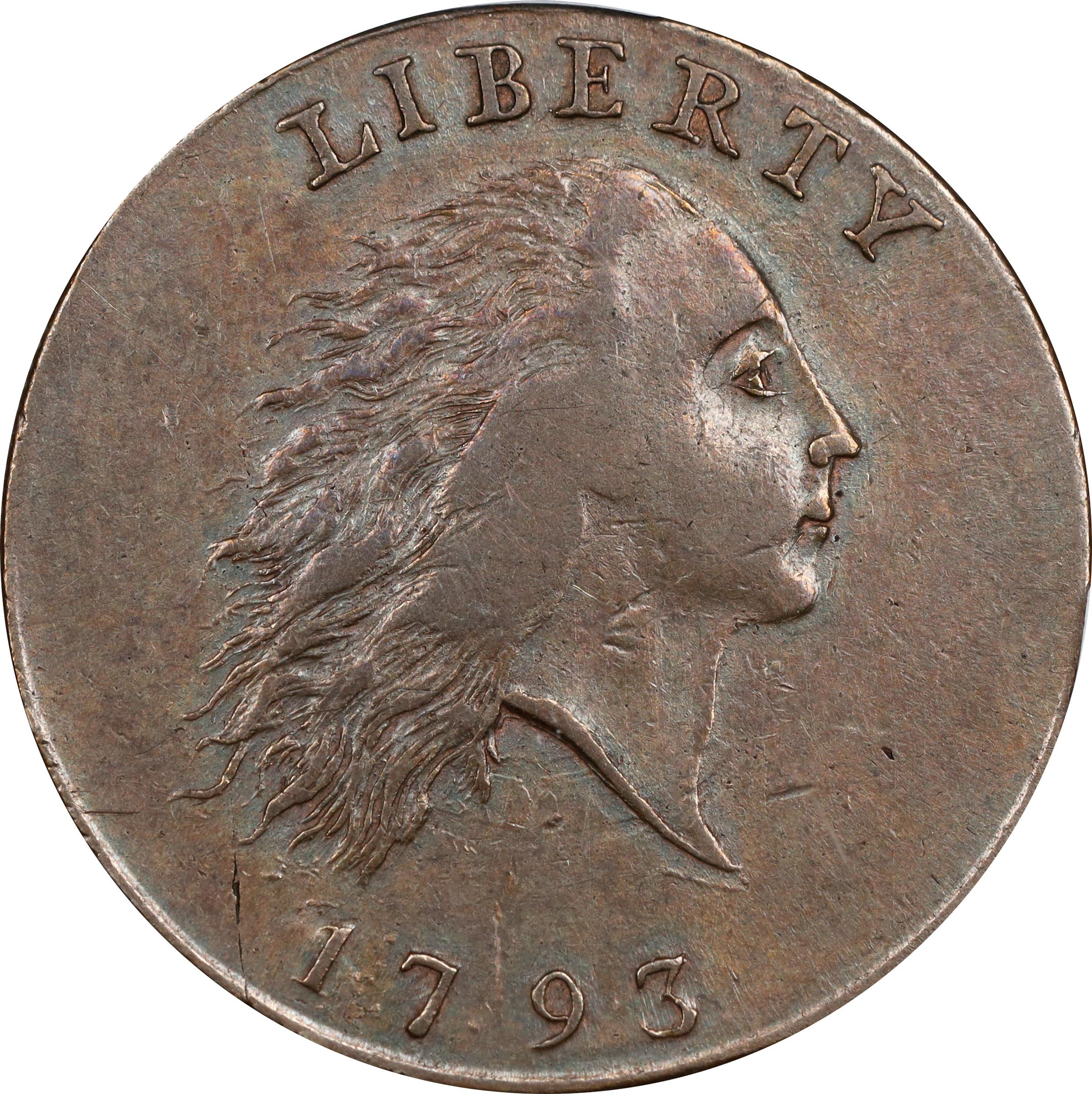 image for: 1793 Flowing Hair Cent. Chain Reverse. S-1, B-1. Rarity-4. AMERI. AU-50 (PCGS).
