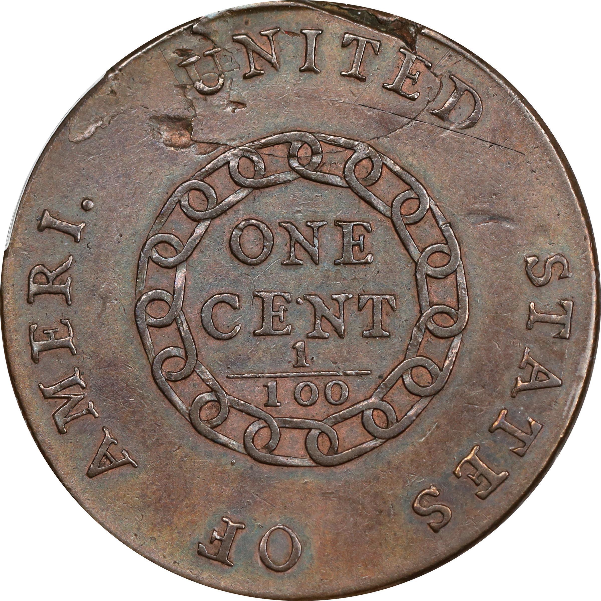 image for: 1793 Flowing Hair Cent. Chain Reverse. S-1, B-1. Rarity-4. AMERI. AU-50 (PCGS).