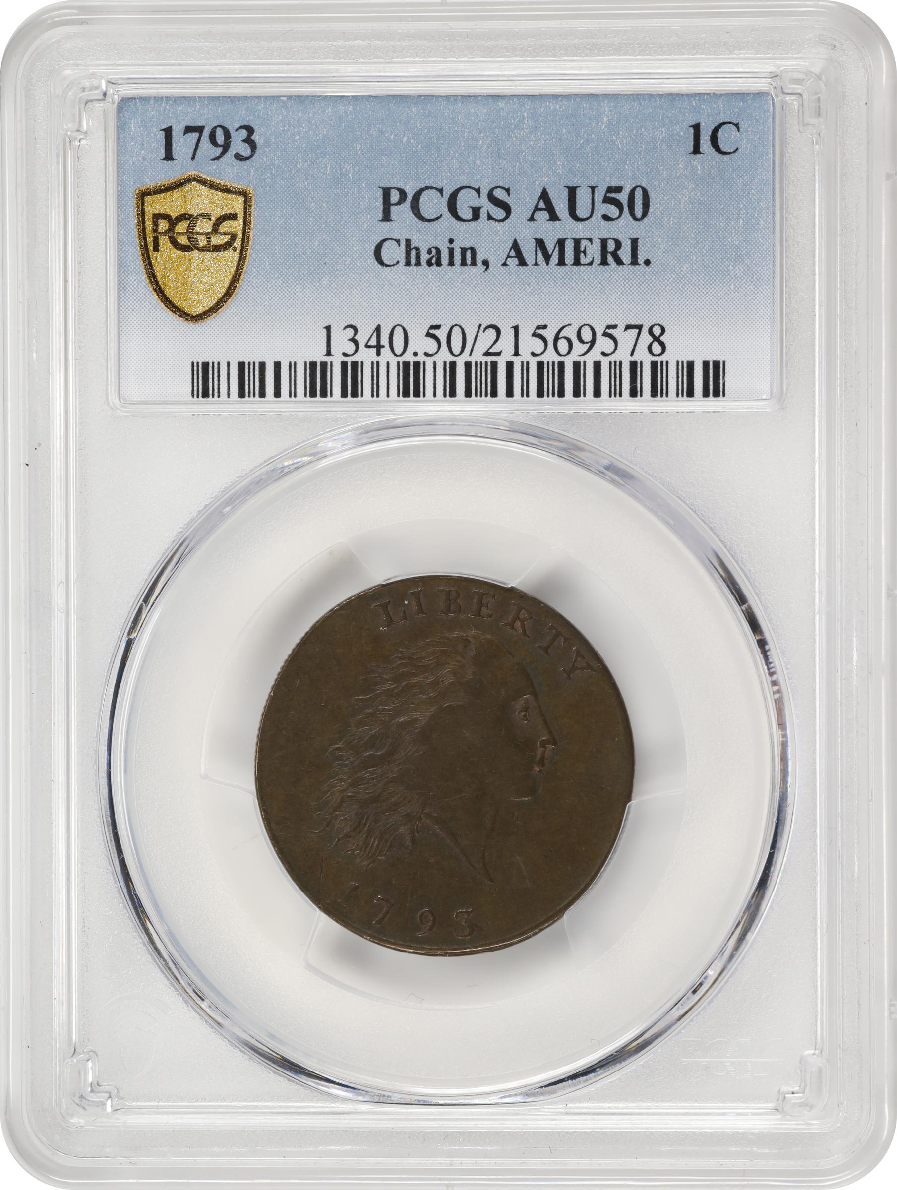 image for: 1793 Flowing Hair Cent. Chain Reverse. S-1, B-1. Rarity-4. AMERI. AU-50 (PCGS).