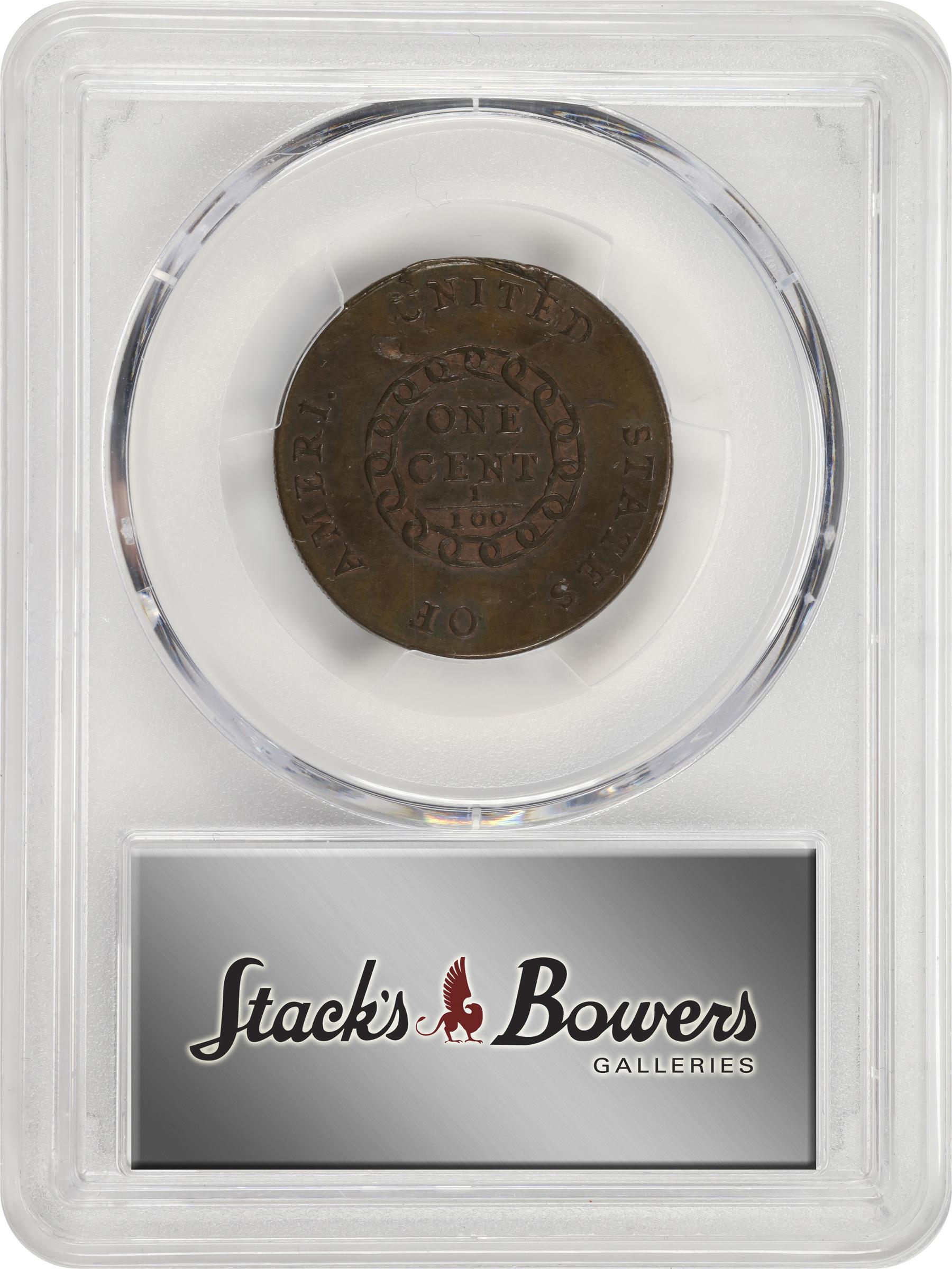 image for: 1793 Flowing Hair Cent. Chain Reverse. S-1, B-1. Rarity-4. AMERI. AU-50 (PCGS).