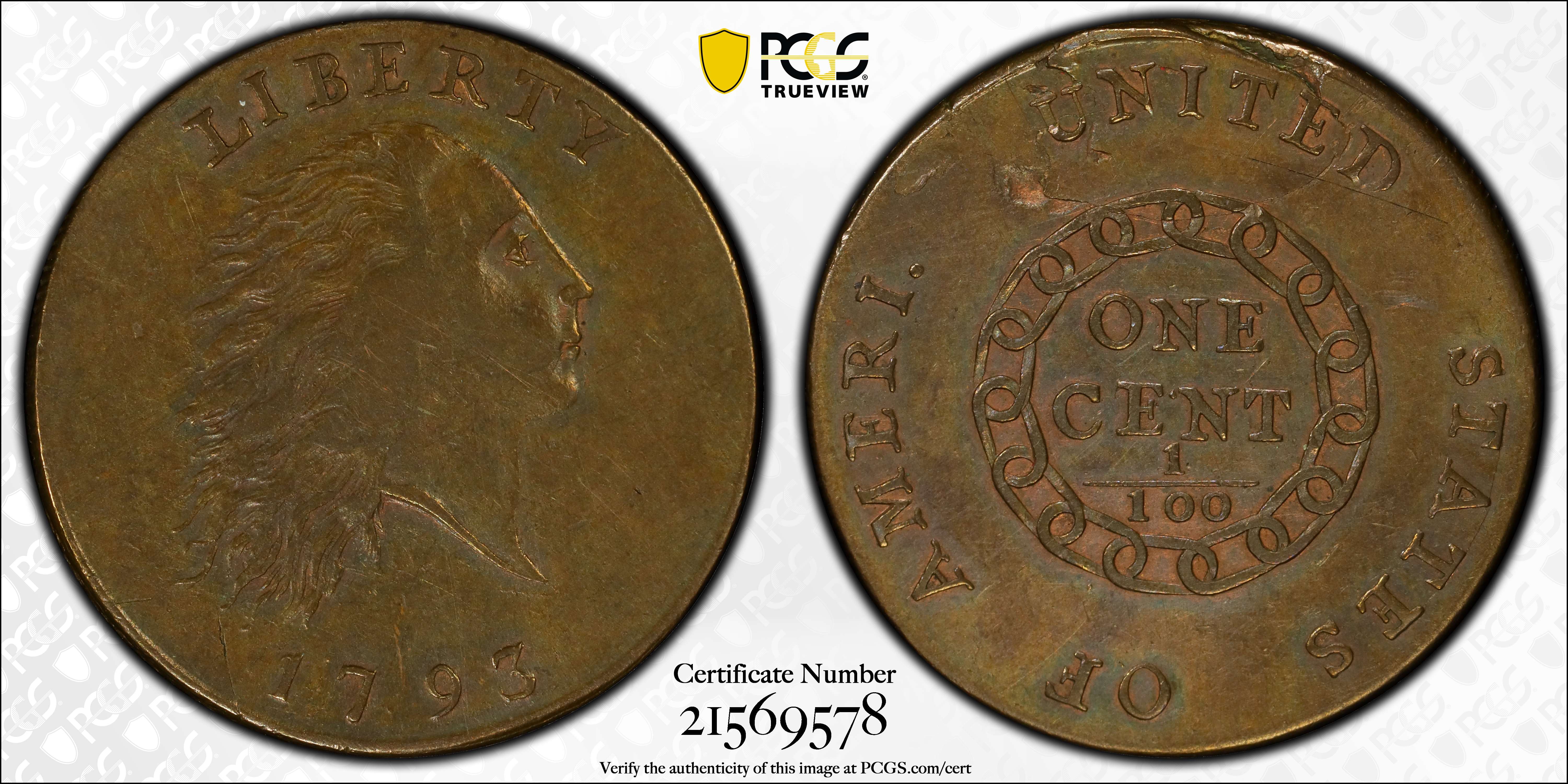 image for: 1793 Flowing Hair Cent. Chain Reverse. S-1, B-1. Rarity-4. AMERI. AU-50 (PCGS).
