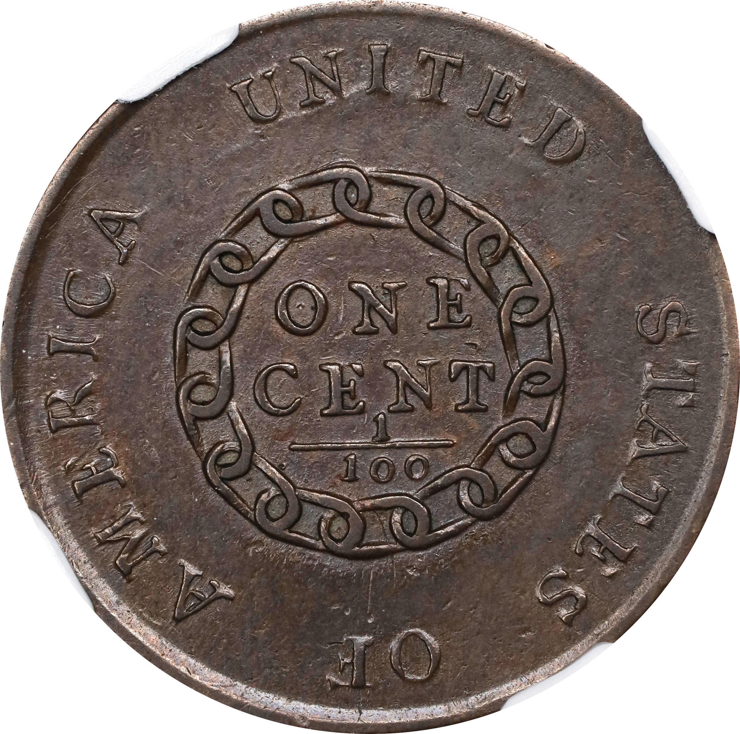 image for: 1793 Flowing Hair Cent. Chain Reverse. S-3, B-4. Rarity-3-. AMERICA, Without Periods. EF-45 BN (NGC).