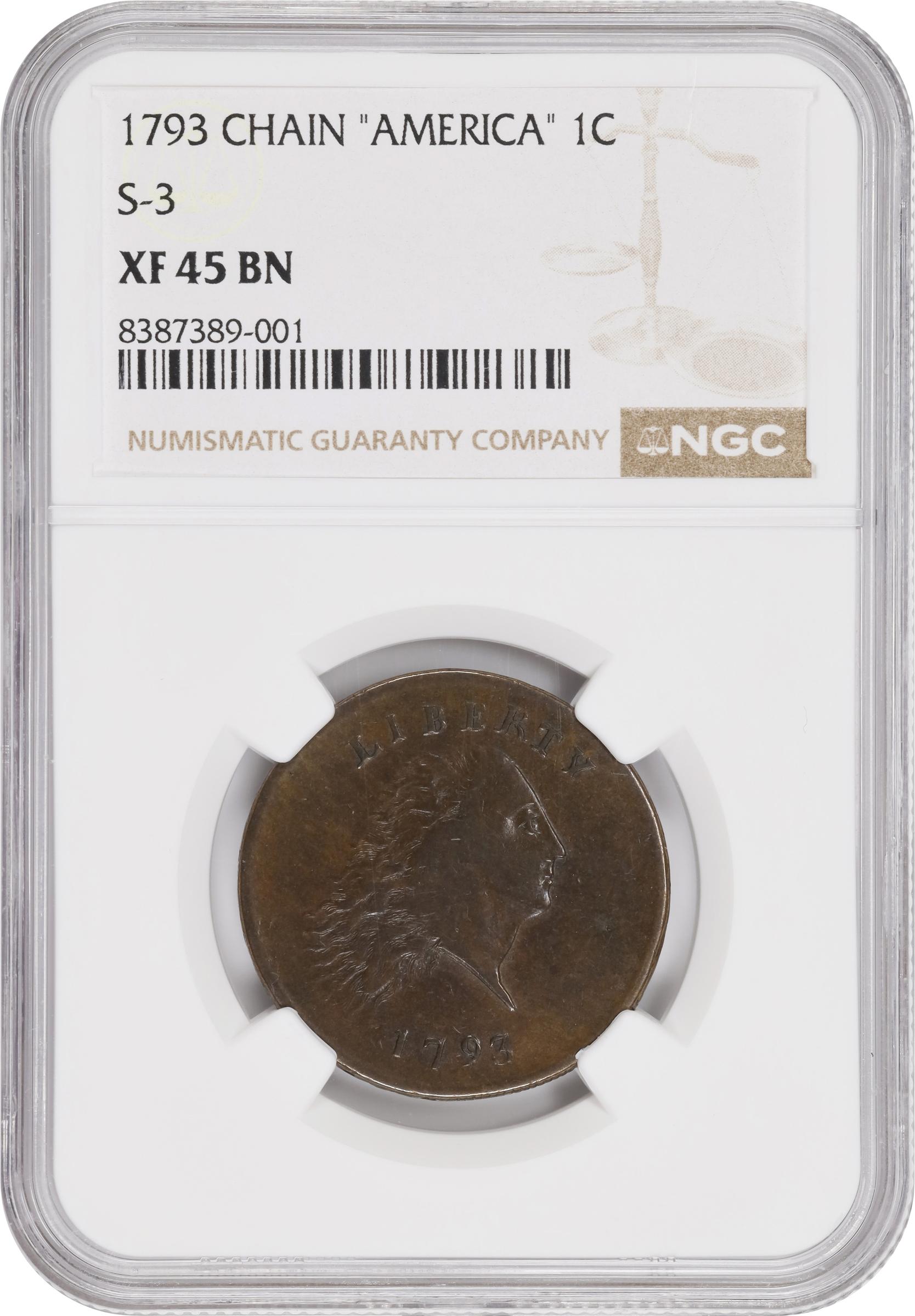 image for: 1793 Flowing Hair Cent. Chain Reverse. S-3, B-4. Rarity-3-. AMERICA, Without Periods. EF-45 BN (NGC).