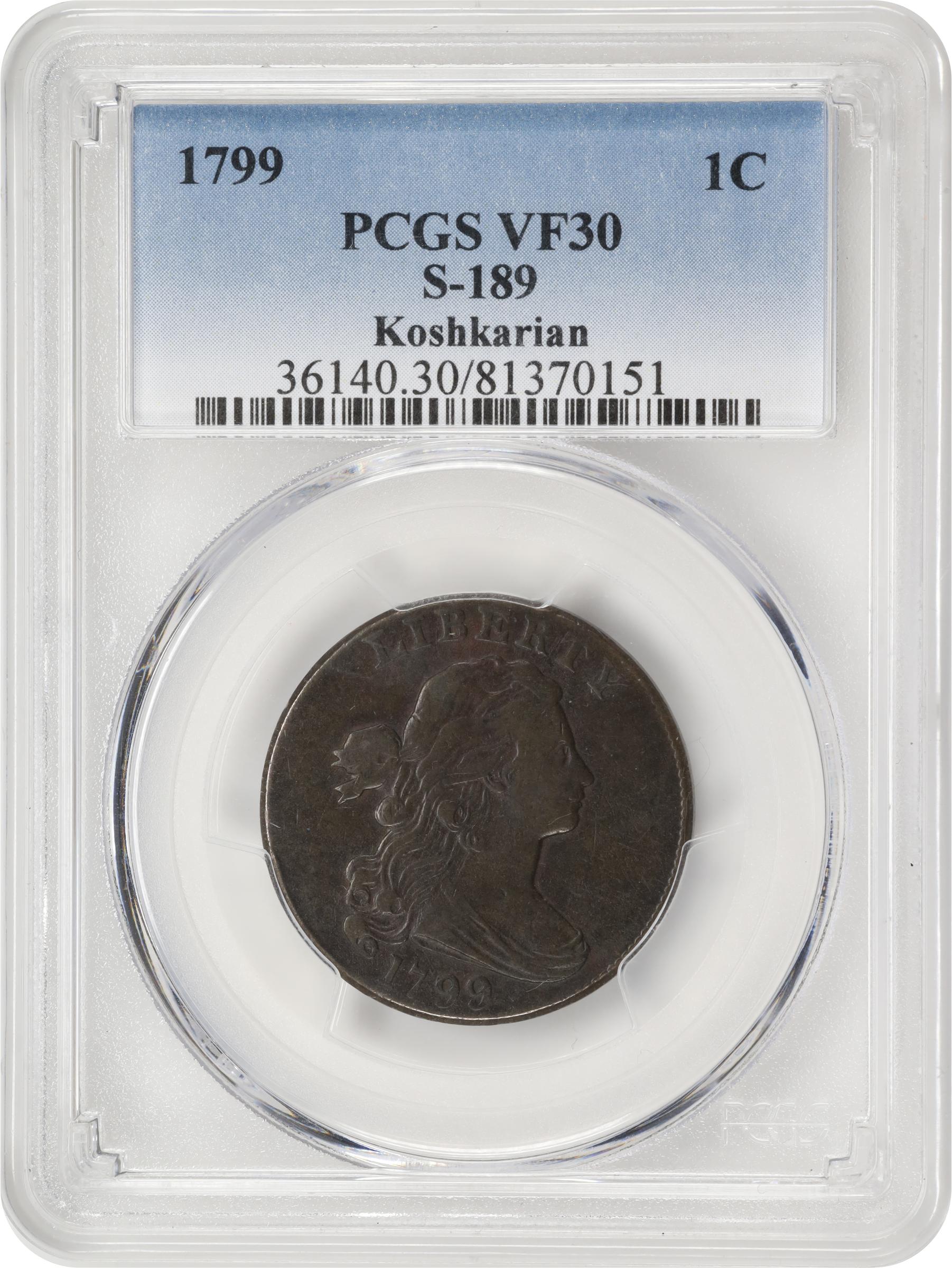 image for: 1799 Draped Bust Cent. S-189, B-3. Rarity-2. VF-30 (PCGS).